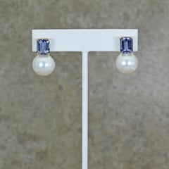 5.01 Carat Iolite and Pearl 14 Karat Gold Drop Stud Earrings