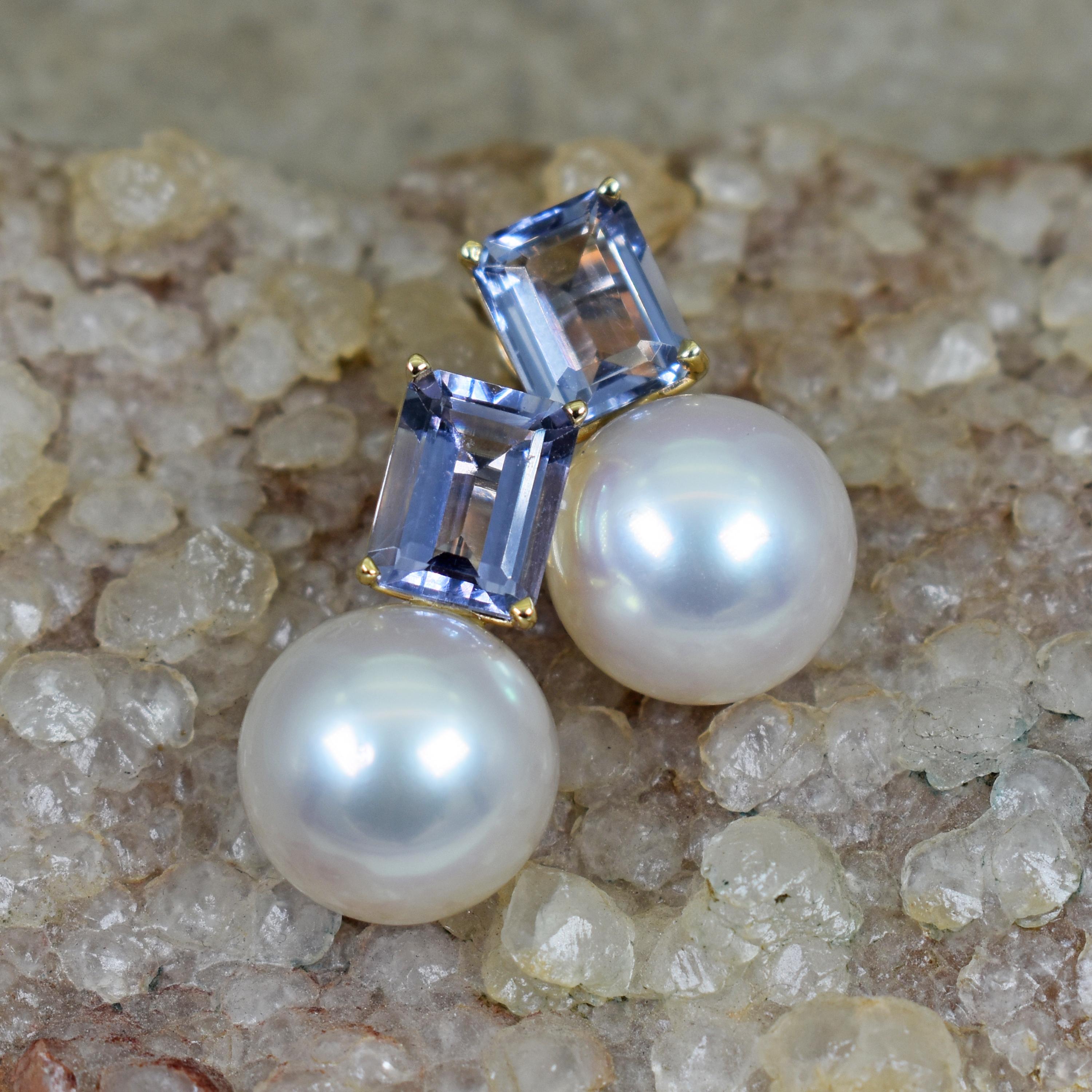 5.01 Carat Iolite and Pearl 14 Karat Gold Drop Stud Earrings In New Condition For Sale In Naples, FL