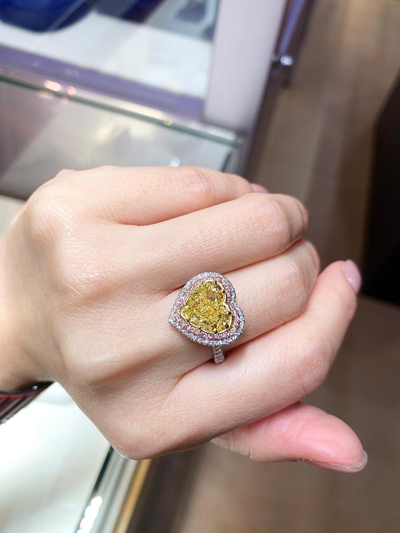 Heart Cut 5.05 Carat Natural Fancy Yellow Heart-Cut Diamond Engagement Ring GIA Scarselli For Sale
