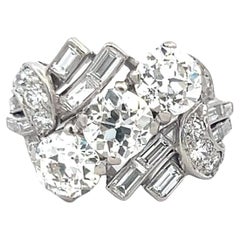 5.01 Carat Old European Cut and Baguette-Round Diamond Platinum Ring
