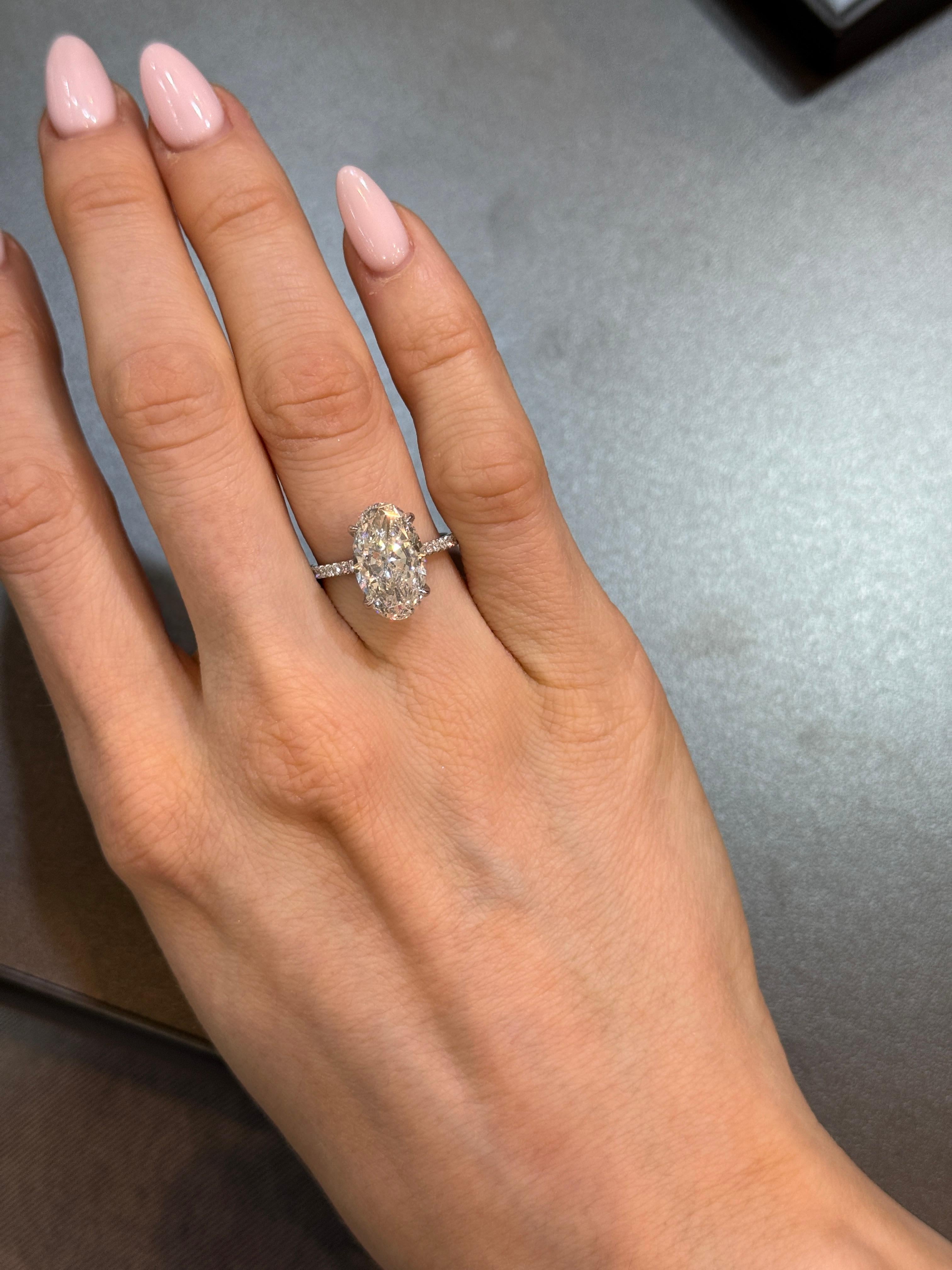 Oval Cut 5.01 Carat Oval Diamond Engagement Ring with Pavé Diamond Band – GIA Certified For Sale