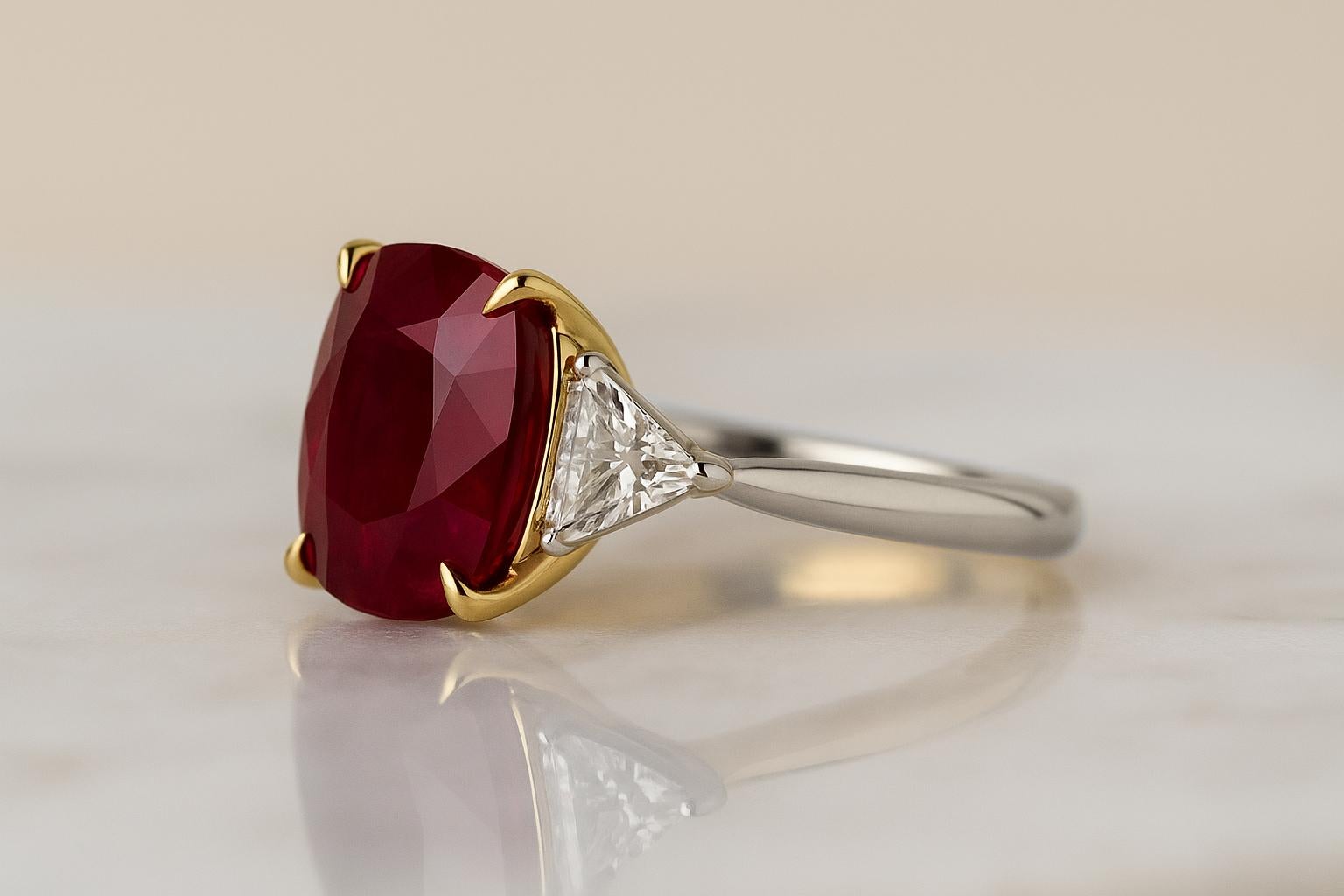Cette remarquable bague à trois pierres est ornée d'un rubis naturel de 5,01 carats, certifié par TIGL, de taille coussin et d'une couleur rouge 