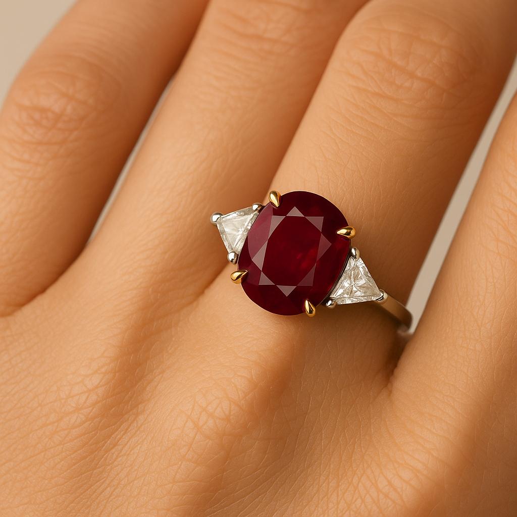Taille coussin Bague à trois pierres en or 18 carats, rubis sang de pigeon de 5,01 carats et diamant trillion en vente
