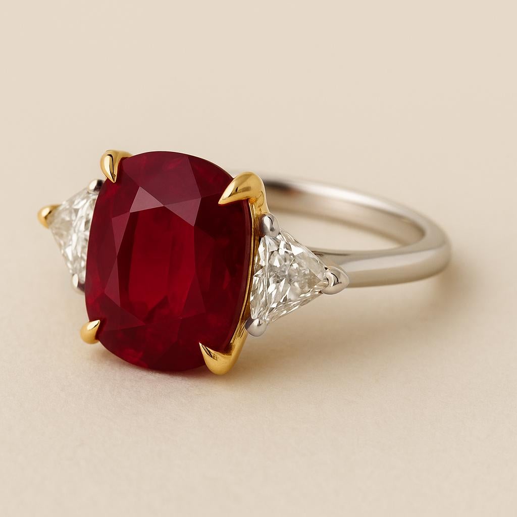 Bague à trois pierres en or 18 carats, rubis sang de pigeon de 5,01 carats et diamant trillion Pour femmes en vente