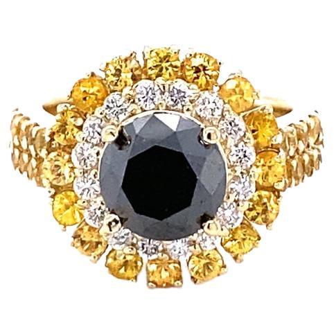 5.01 Carat Round Cut Black Diamond 14 Karat Yellow Gold Engagement Ring