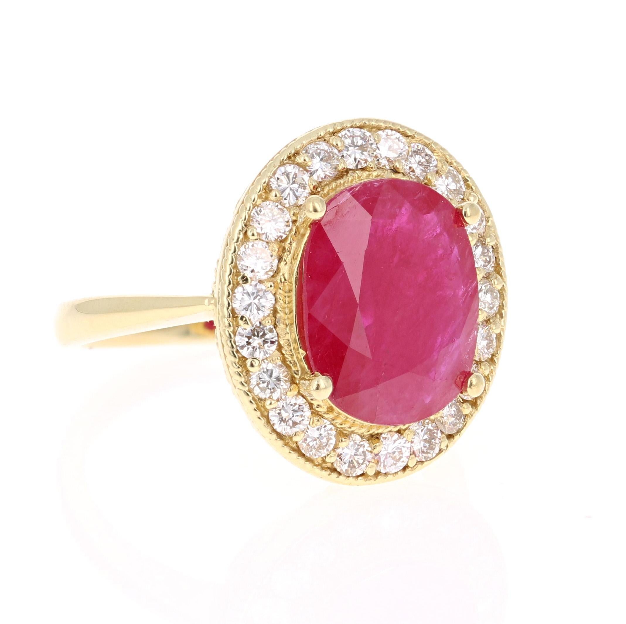 This gorgeous and elegant Ruby & Diamond Ring can be a gorgeous Engagement Ring or a Cocktail Ring. It has a Oval Cut Deep Red Ruby that is 4.24 Carats with a halo of 22 Round Cut Diamonds weighing 0.77 carats. The total carat weight of the ring is