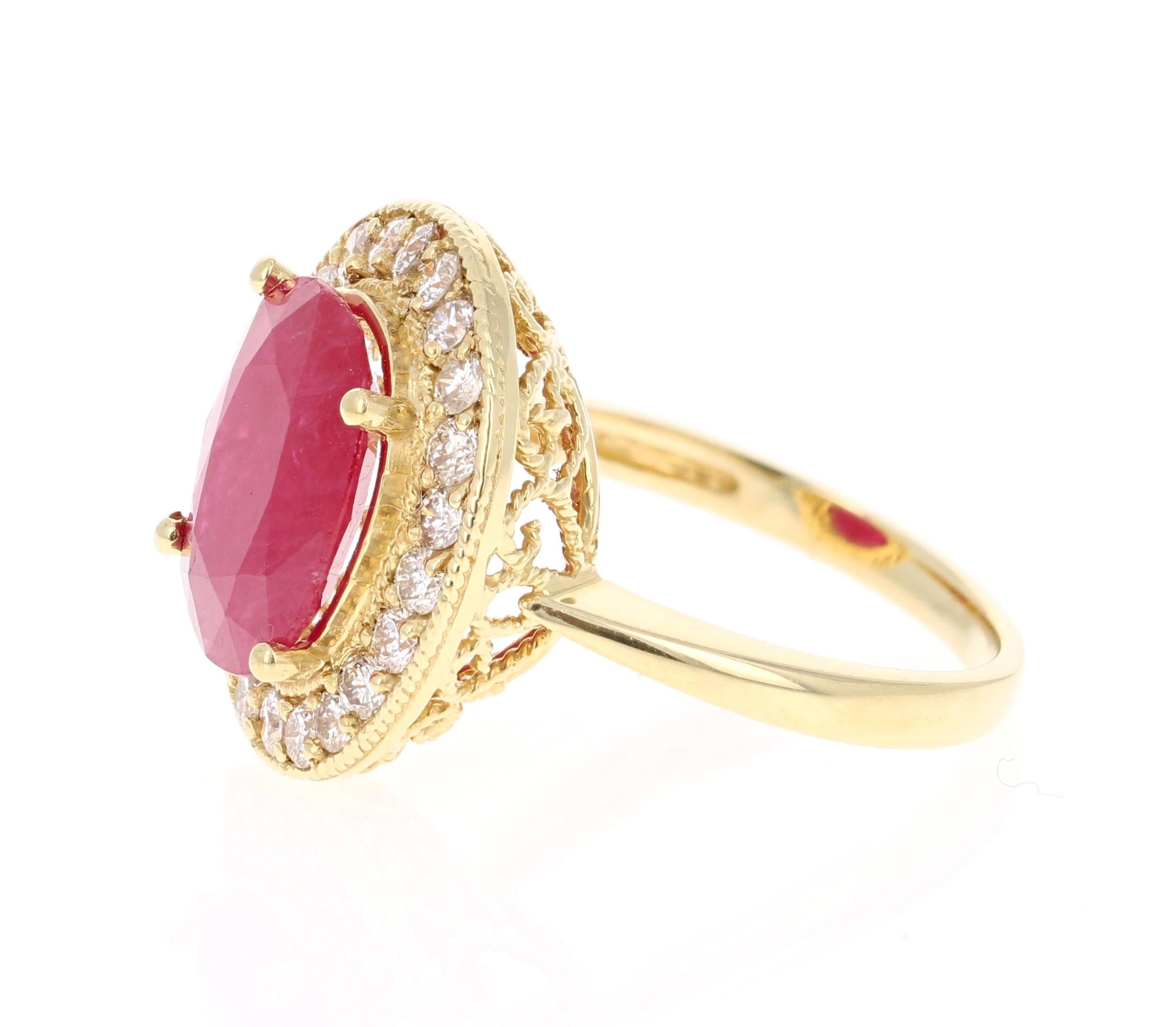 Modern 5.01 Carat Ruby Diamond 18 Karat Yellow Gold Ring