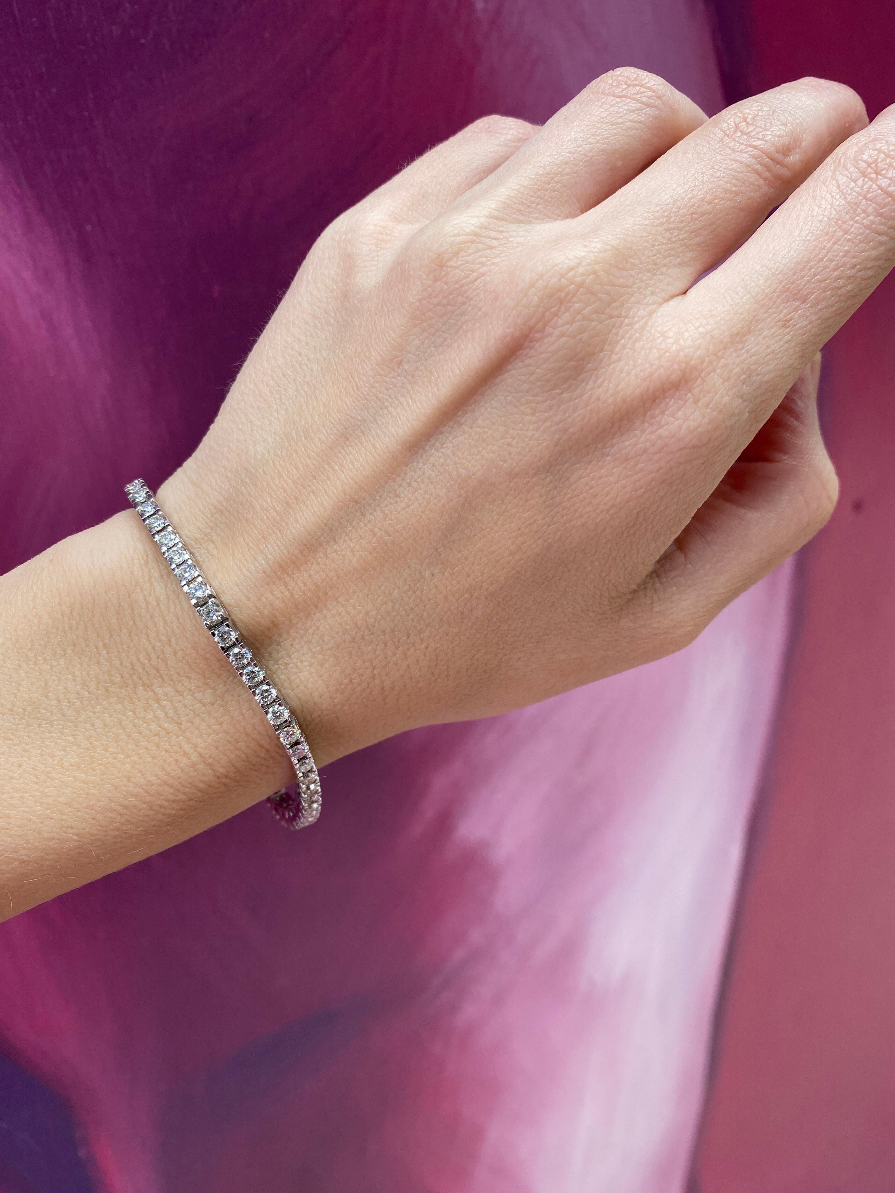 5.01 Carat Total Weight Natural Round Diamond Tennis Bracelet, 14k White Gold 4