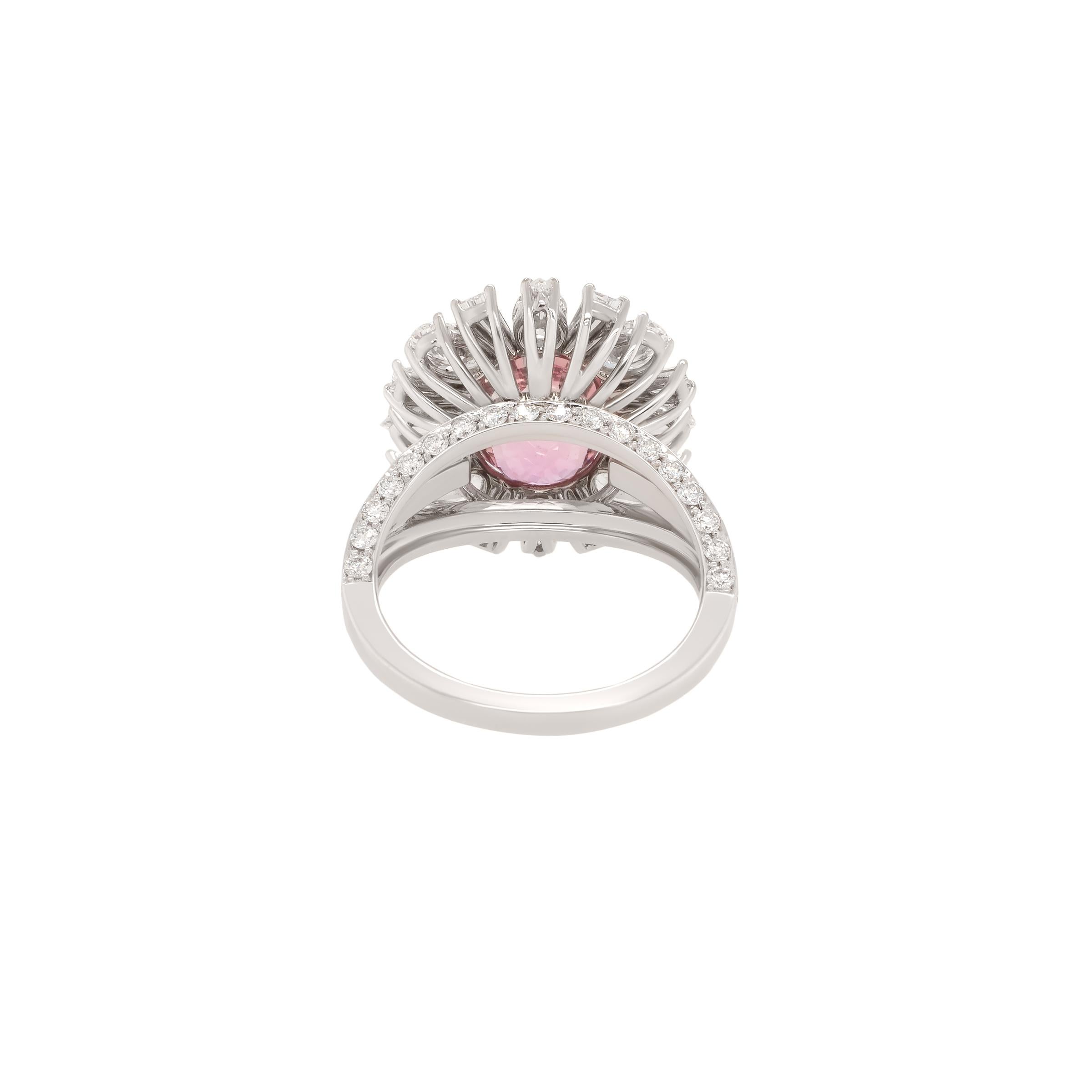 Art Deco 5.01 Carat Unheated Ceylon Sunset Padparadscha & Diamond Ring in 18k White Gold For Sale