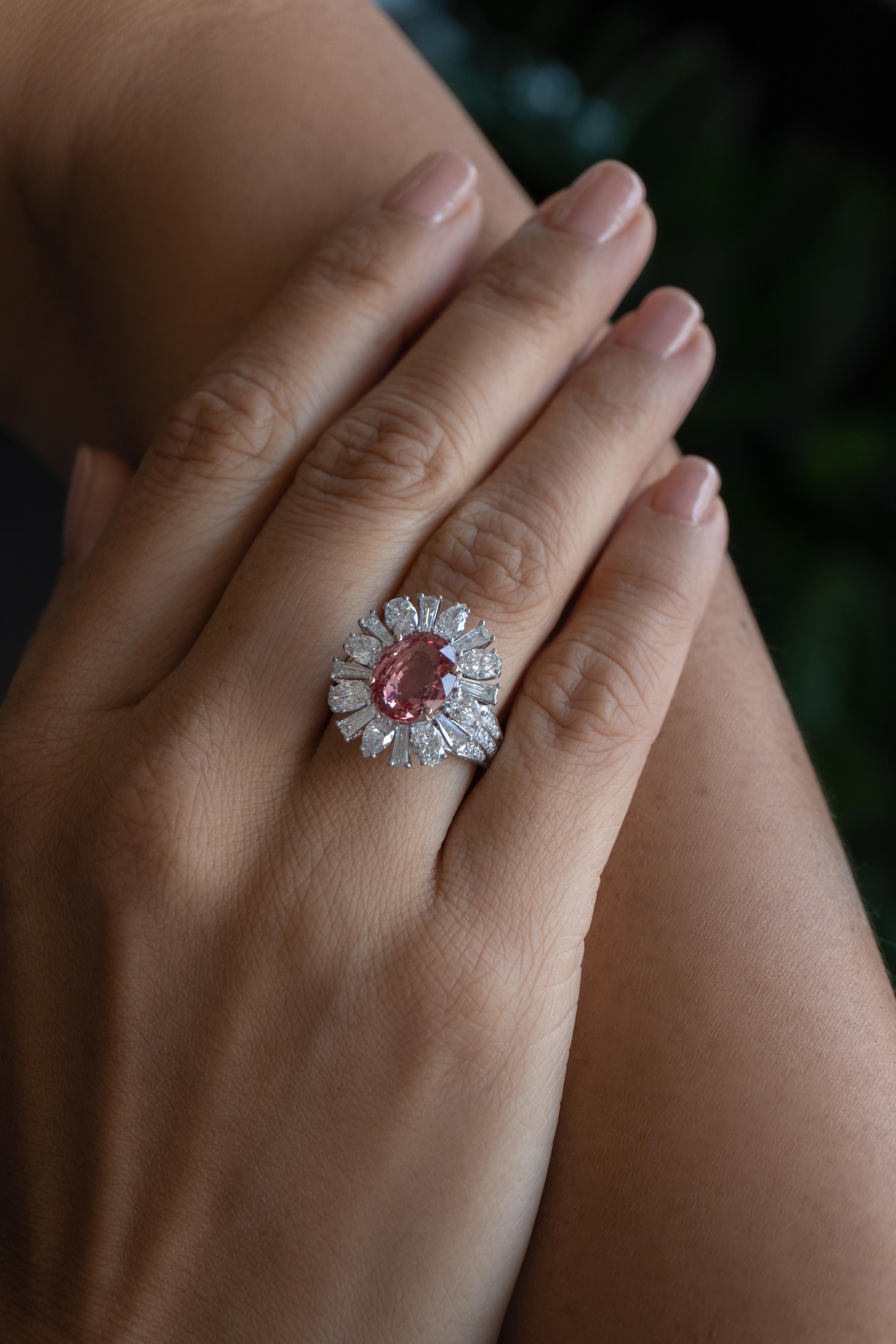 Oval Cut 5.01 Carat Unheated Ceylon Sunset Padparadscha & Diamond Ring in 18k White Gold For Sale