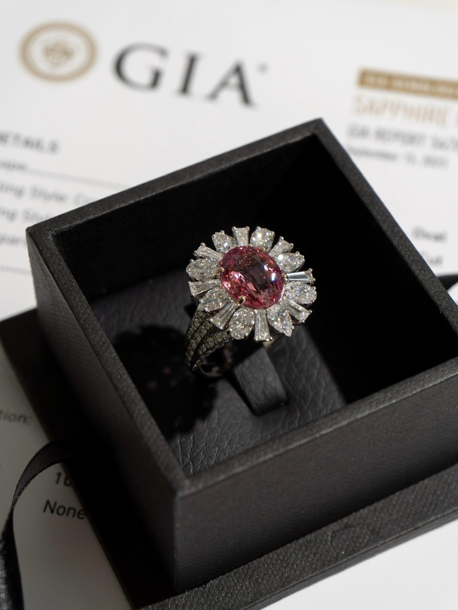 Women's 5.01 Carat Unheated Ceylon Sunset Padparadscha & Diamond Ring in 18k White Gold For Sale