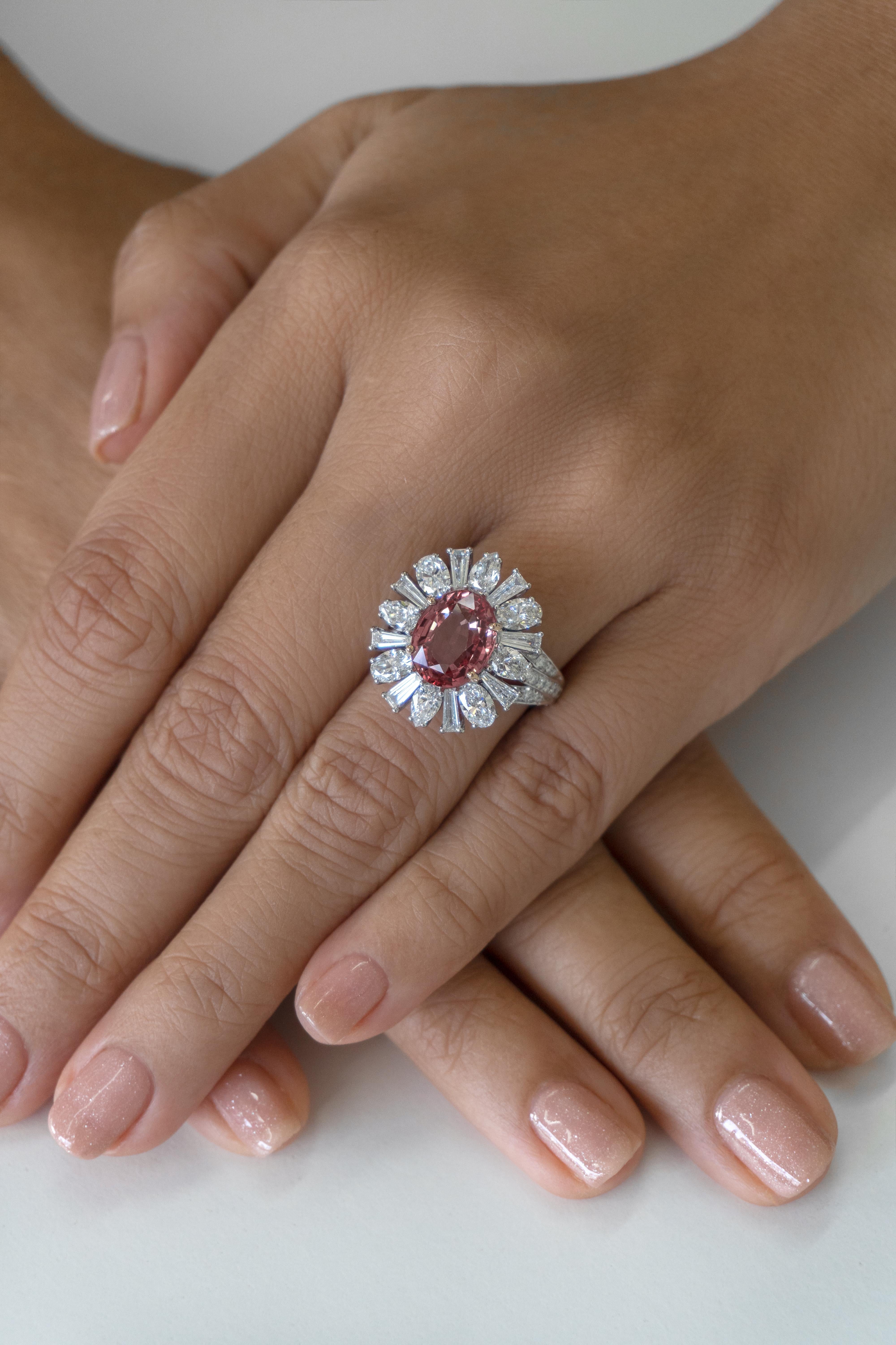 5.01 Carat Unheated Ceylon Sunset Padparadscha & Diamond Ring in 18k White Gold For Sale 1