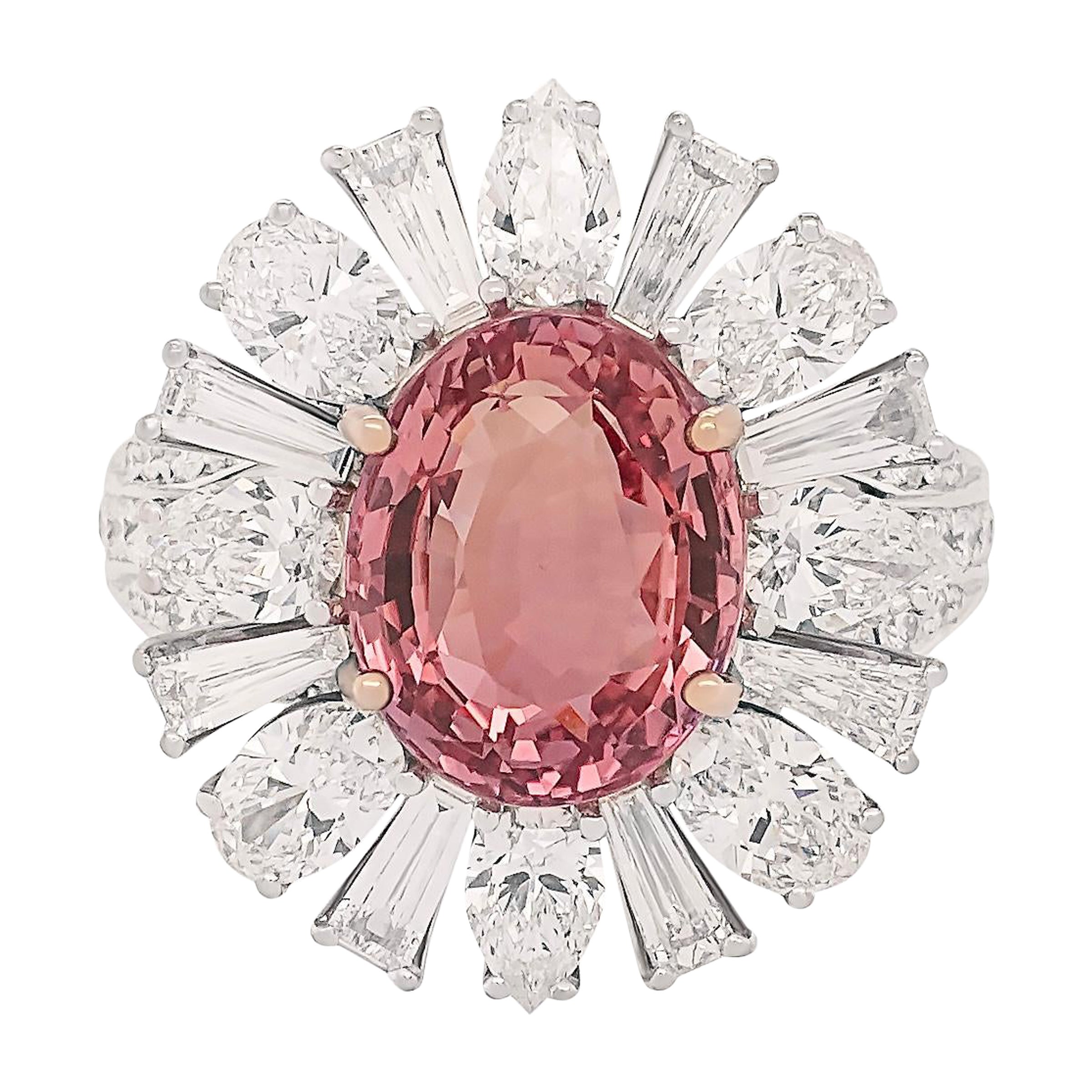 Anello con Padparadscha e diamanti Ceylon Sunset non riscaldati da 5,01 carati in oro bianco 18k