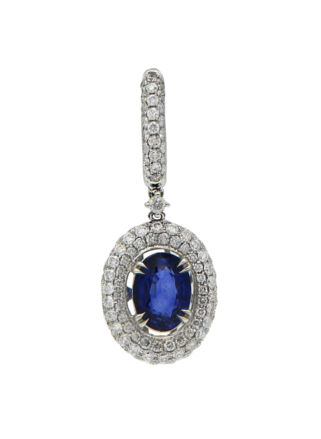 Oval Cut 5.01 Total Carat Fancy Sapphire Earrings with Pave Diamond Halo in 18K White Gol For Sale