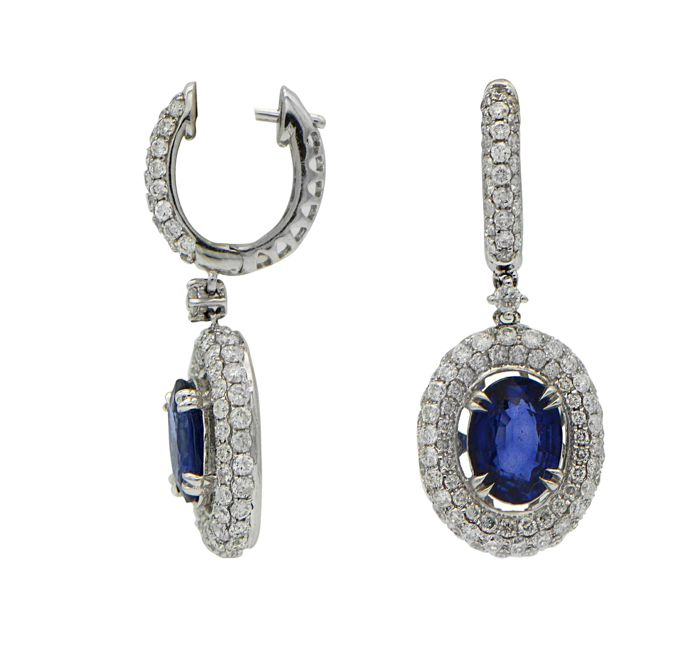 5.01 Total Carat Fancy Sapphire Earrings with Pave Diamond Halo in 18K White Gol In New Condition For Sale In New York, NY