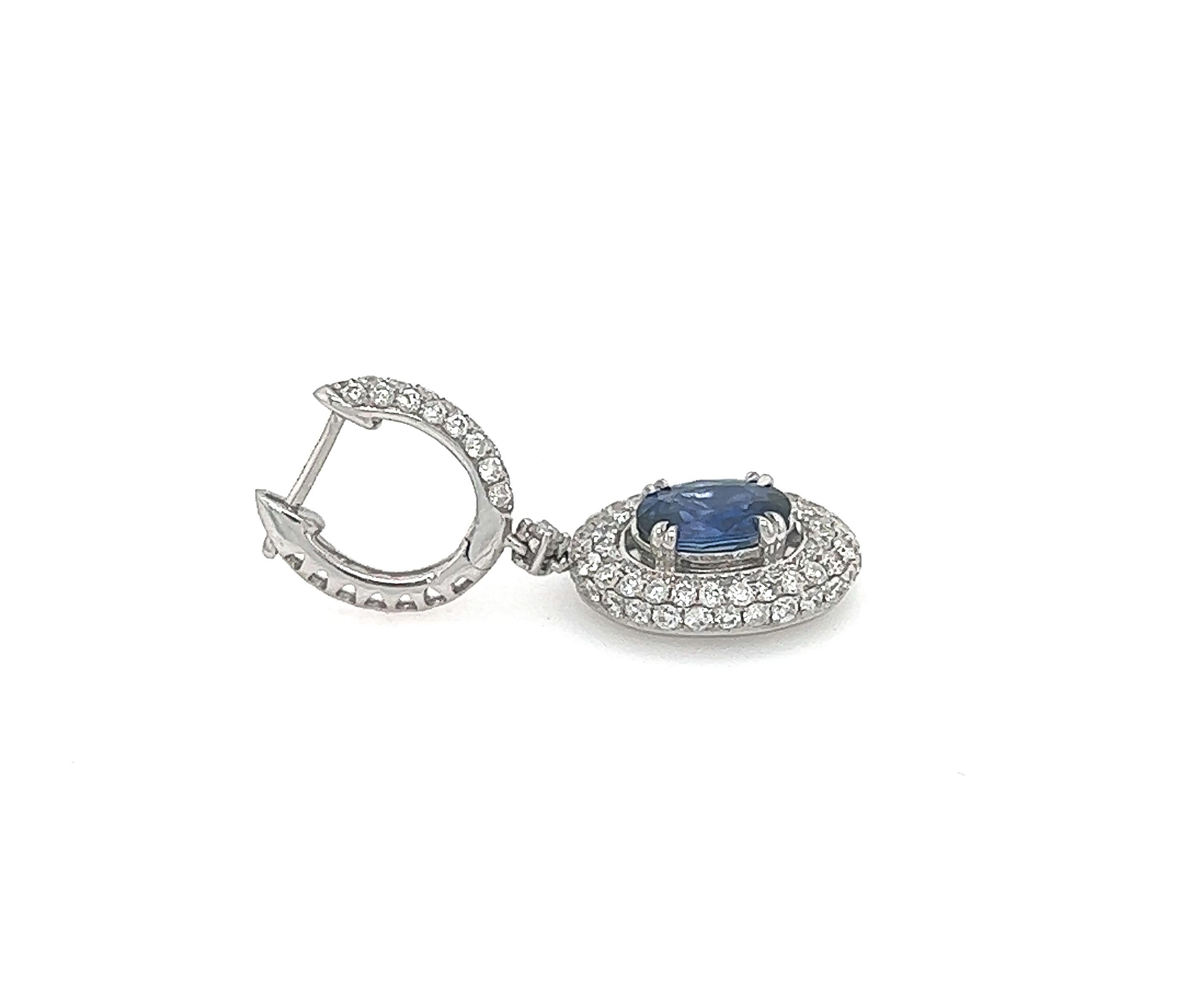 Women's or Men's 5.01 Total Carat Fancy Sapphire Earrings with Pave Diamond Halo in 18K White Gol For Sale