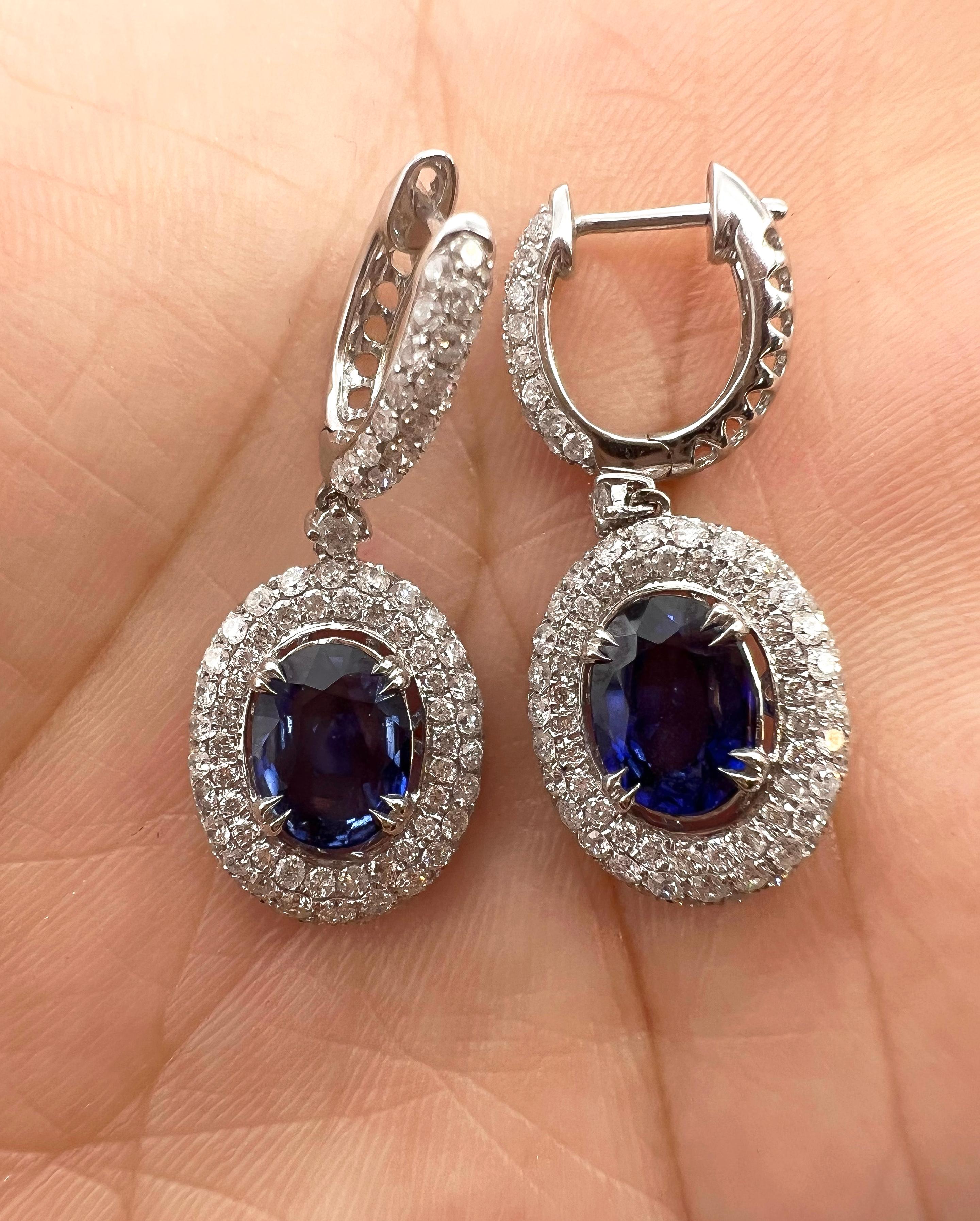 5.01 Total Carat Fancy Sapphire Earrings with Pave Diamond Halo in 18K White Gol For Sale 1