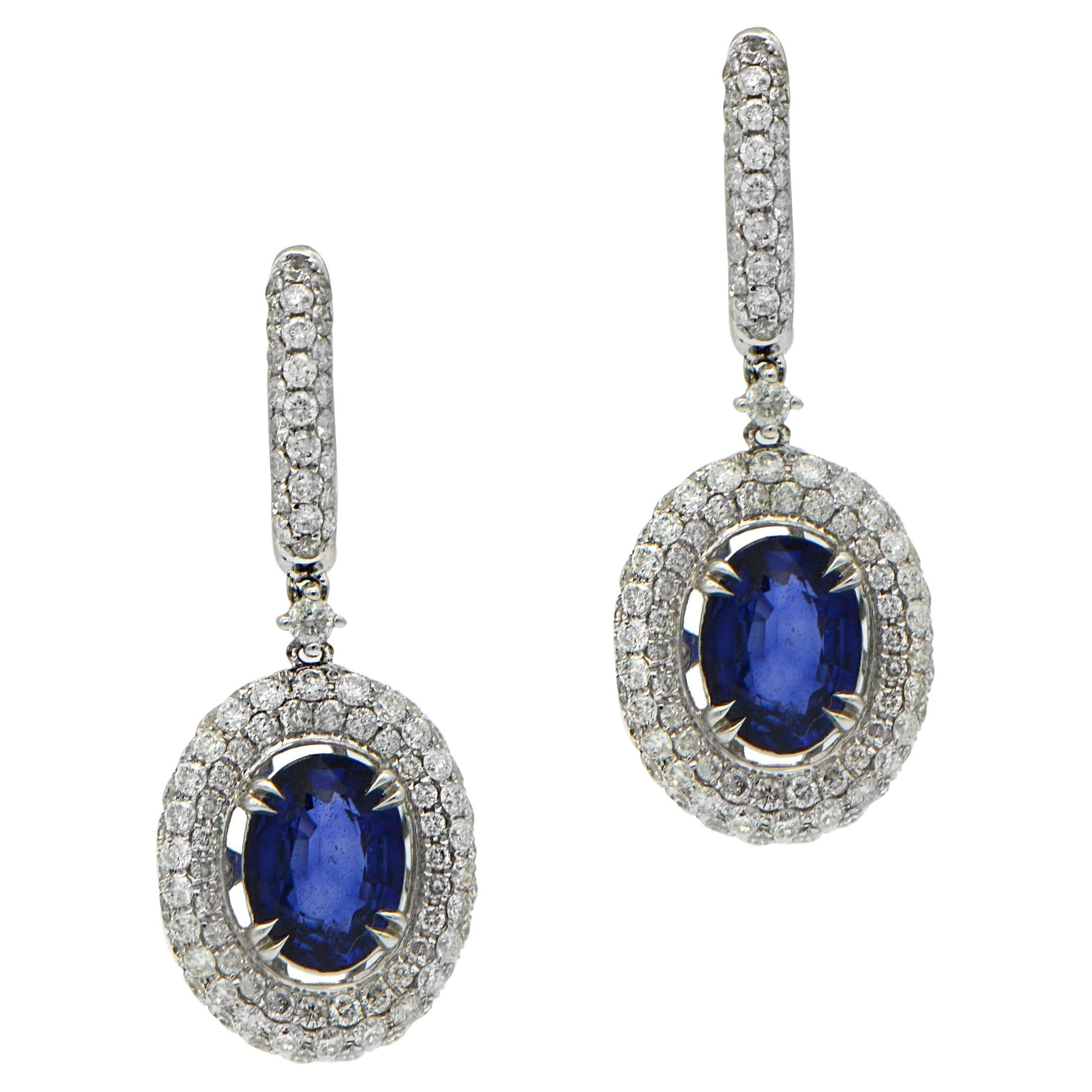 5.01 Total Carat Fancy Sapphire Earrings with Pave Diamond Halo in 18K White Gol For Sale