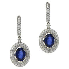 5.01 Total Carat Fancy Sapphire Earrings with Pave Diamond Halo in 18K White Gol