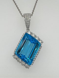 50.16 Carat Blue Topaz Diamond White Gold Pendant