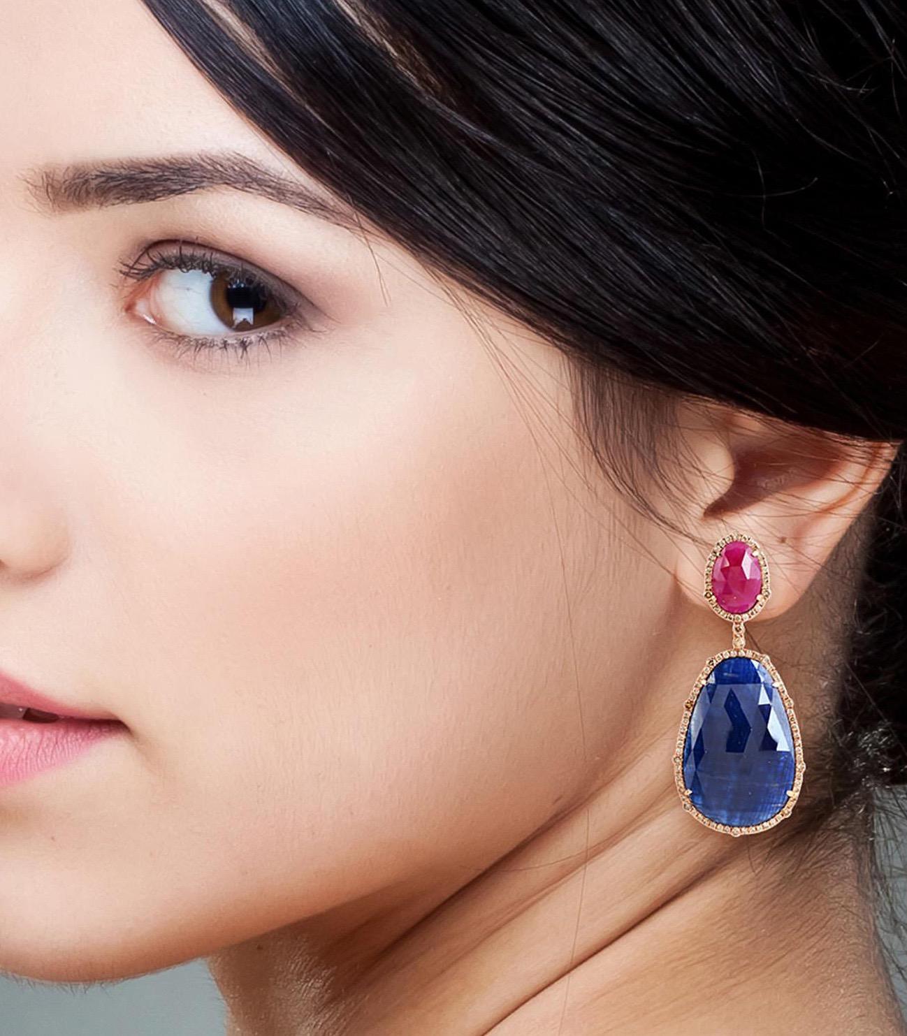 Modern 50.19 Carat Blue Sapphire Ruby 18 Karat Gold Diamond Earrings For Sale