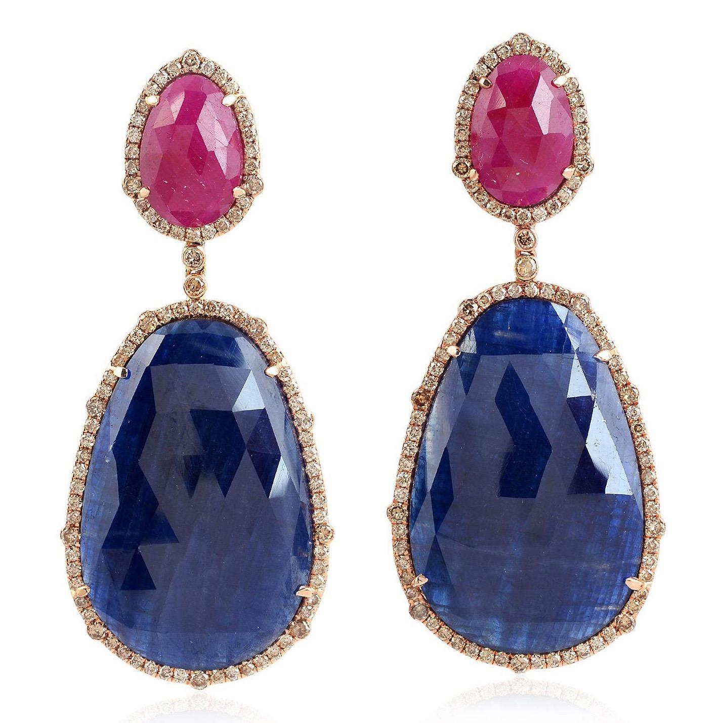 Mixed Cut 50.19 Carat Blue Sapphire Ruby 18 Karat Gold Diamond Earrings For Sale