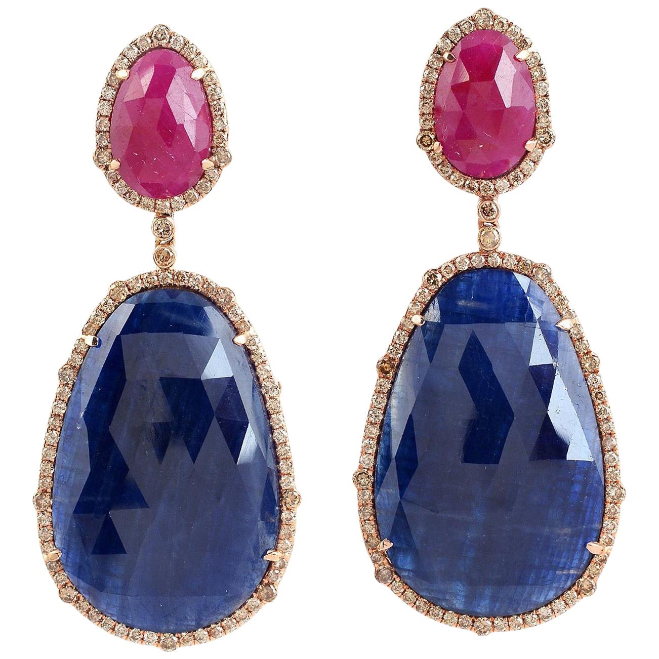 50.19 Carat Blue Sapphire Ruby 18 Karat Gold Diamond Earrings