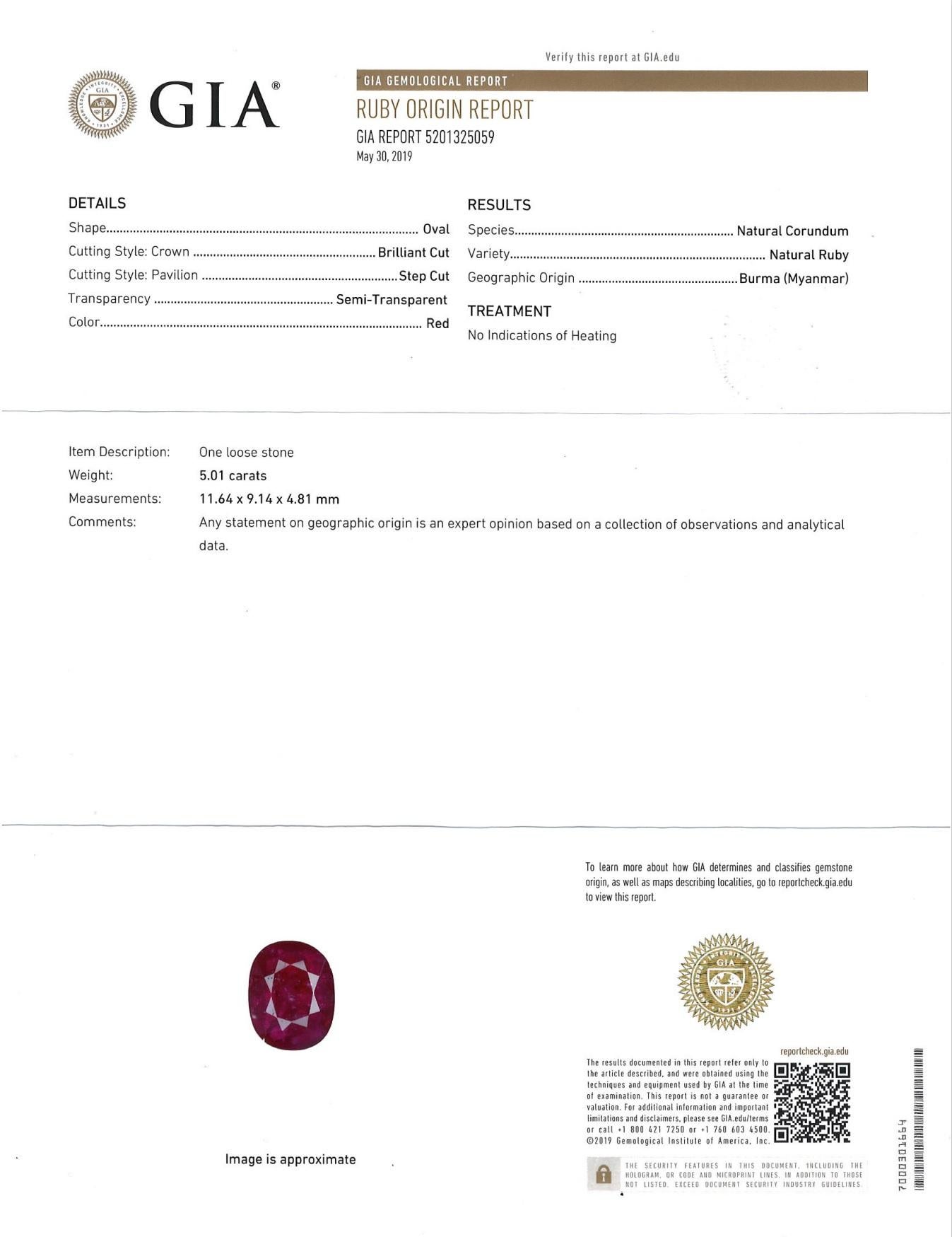 Oval Cut 5.01ct Burma no-heat Ruby Diamond Ring, GIA For Sale