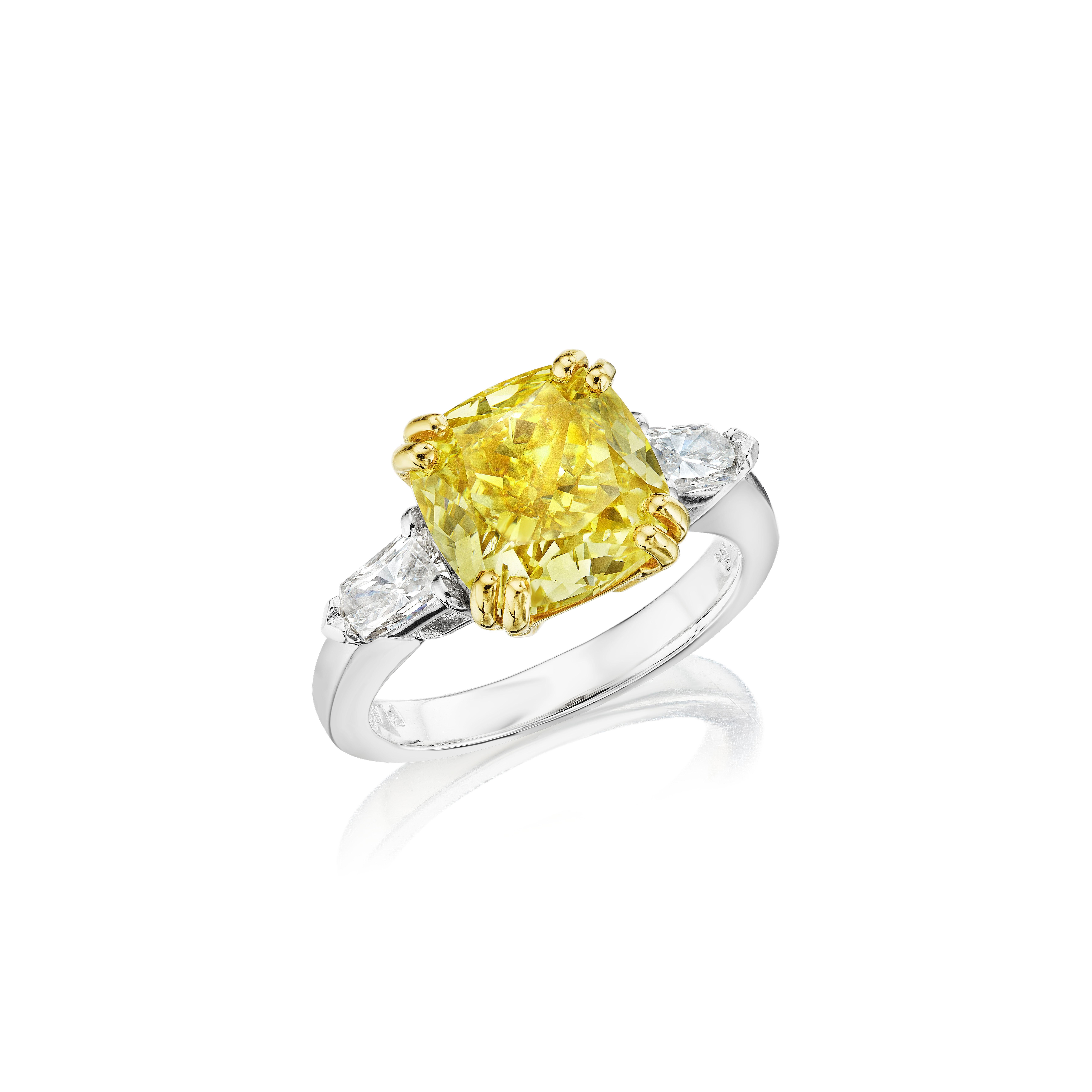 Modern 5.01ct Fancy Brownish Yellow GIA Certified Cushion Diamond Ring with Bullet Dia For Sale