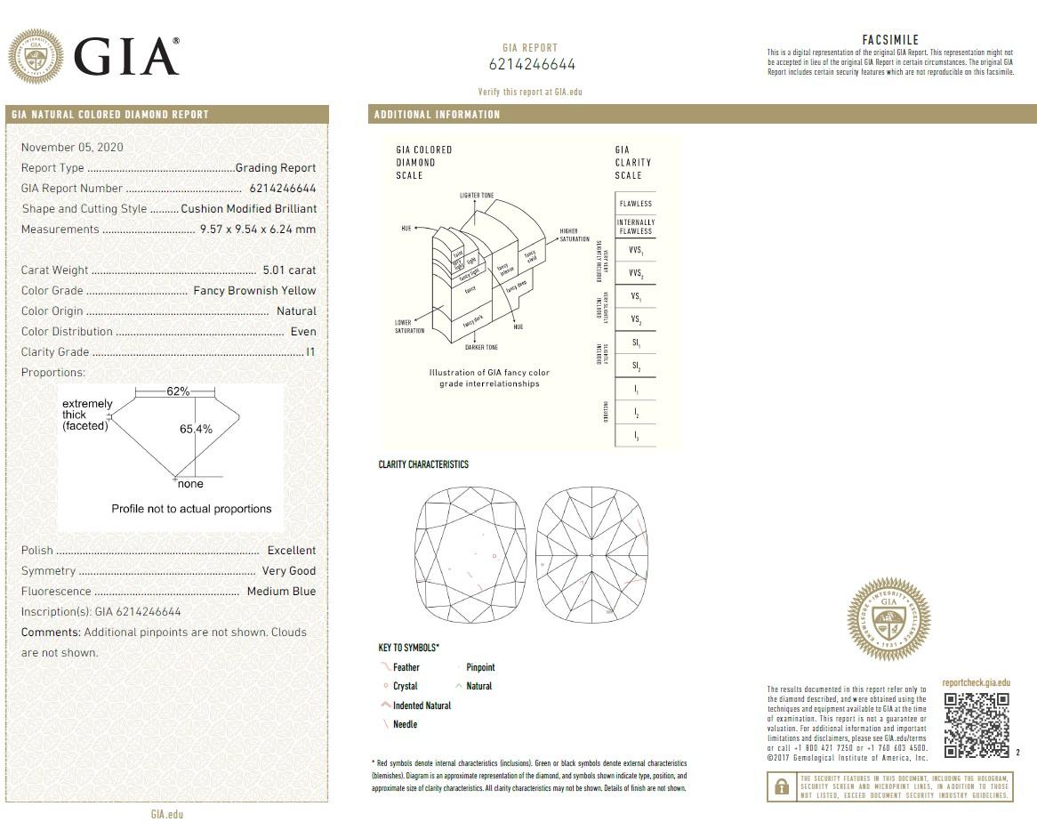 5.01ct Fancy Brownish Yellow GIA Certified Cushion Diamond Ring with Bullet Dia In New Condition For Sale In New York, NY