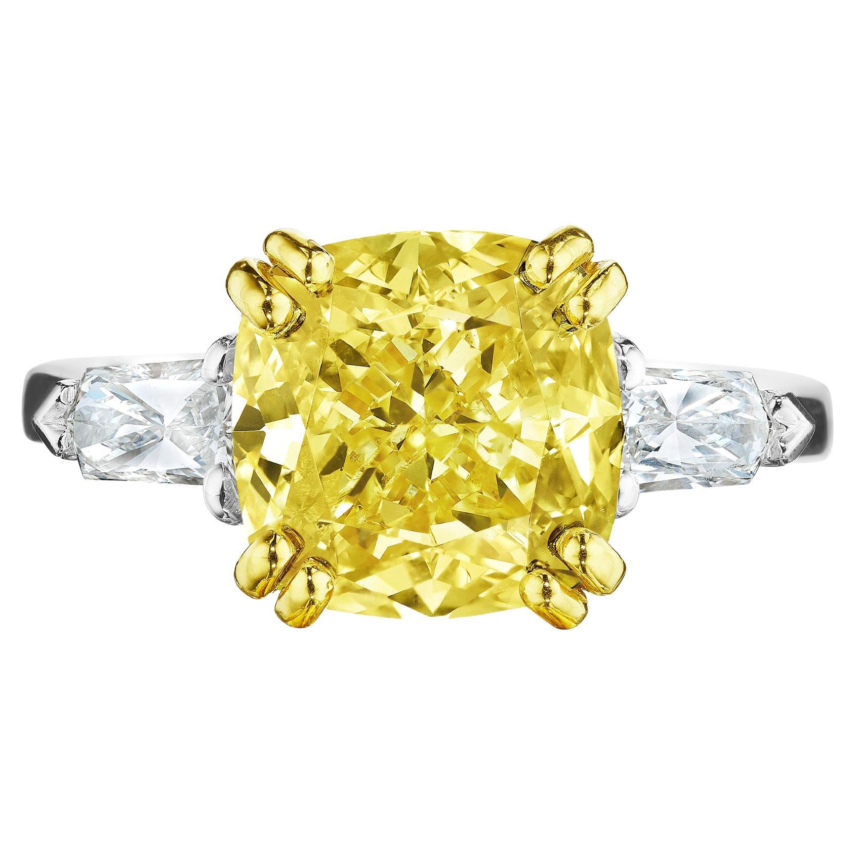 5.01ct Fancy Brownish Yellow GIA Certified Cushion Diamond Ring with Bullet Dia For Sale