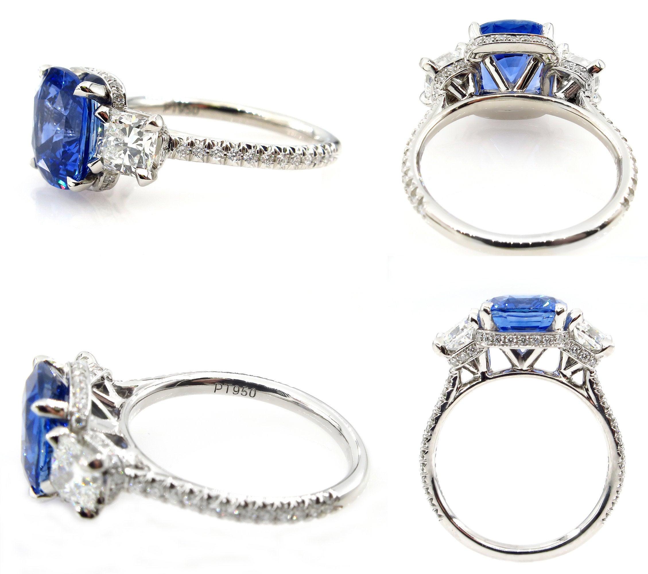 Cushion Cut 5.01ctw Ceylon GIA Natural Royal Blue Sapphire and Diamond Platinum 3-Stone Ring
