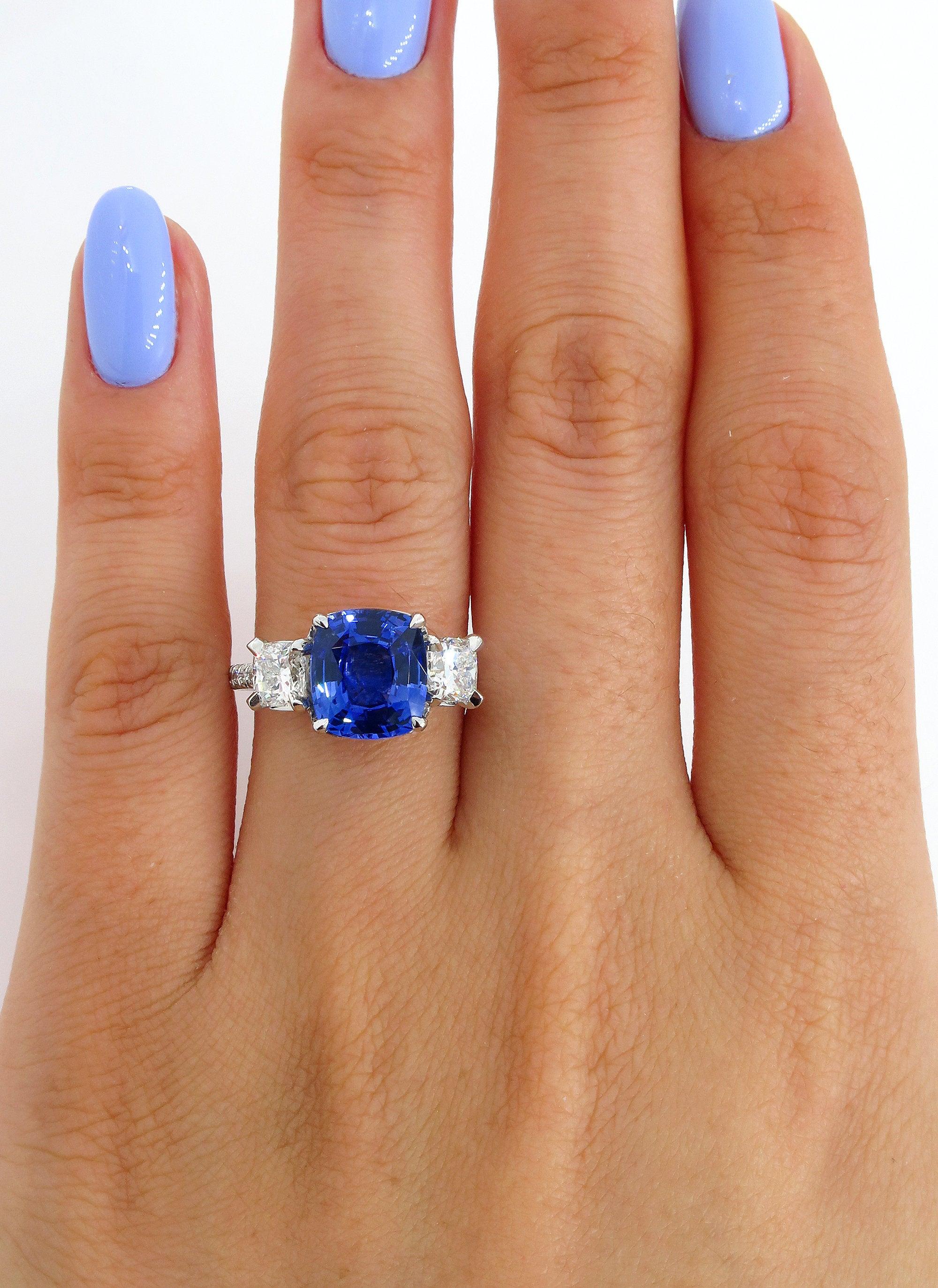 Women's 5.01ctw Ceylon GIA Natural Royal Blue Sapphire and Diamond Platinum 3-Stone Ring