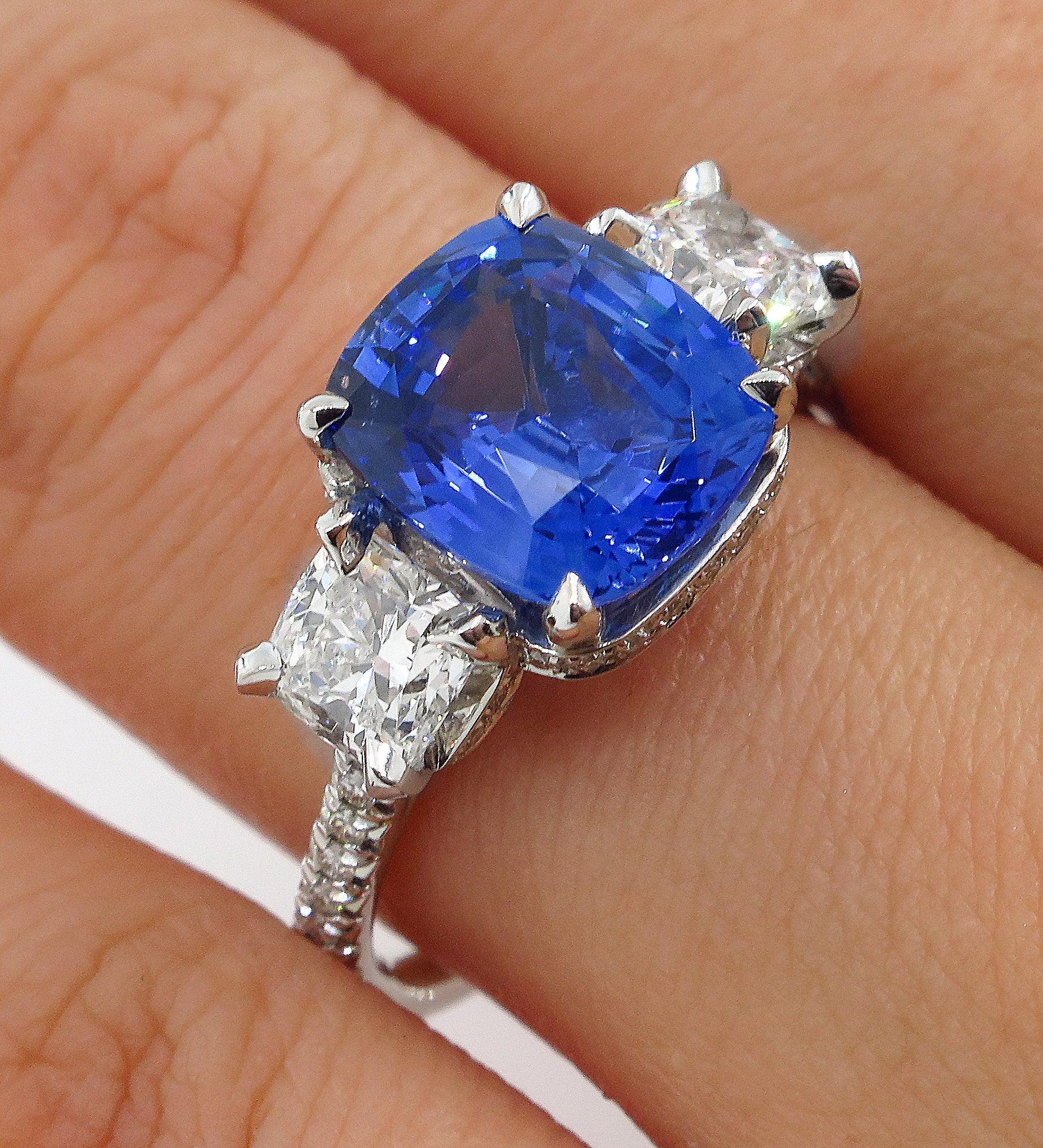 5.01ctw Ceylon GIA Natural Royal Blue Sapphire and Diamond Platinum 3-Stone Ring 1