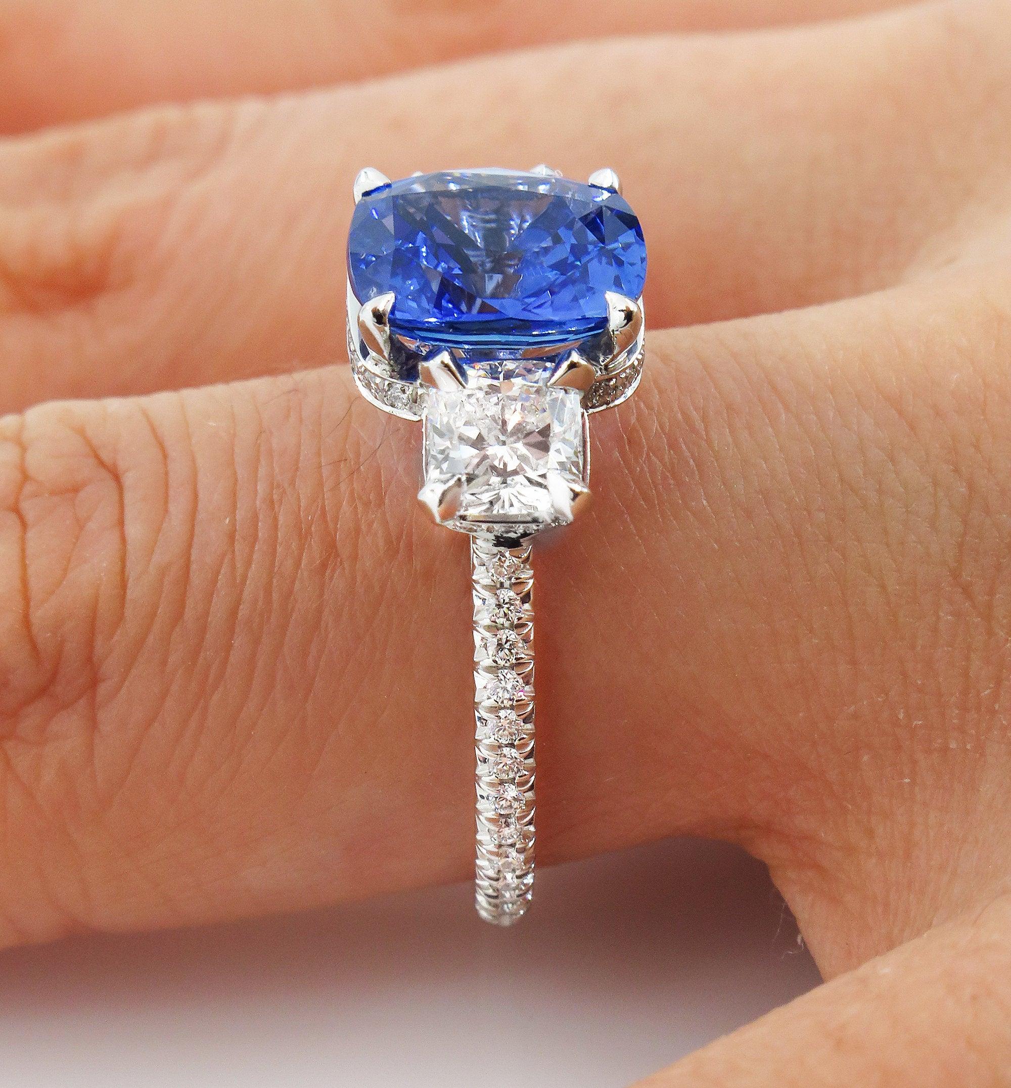 5.01ctw Ceylon GIA Natural Royal Blue Sapphire and Diamond Platinum 3-Stone Ring 2