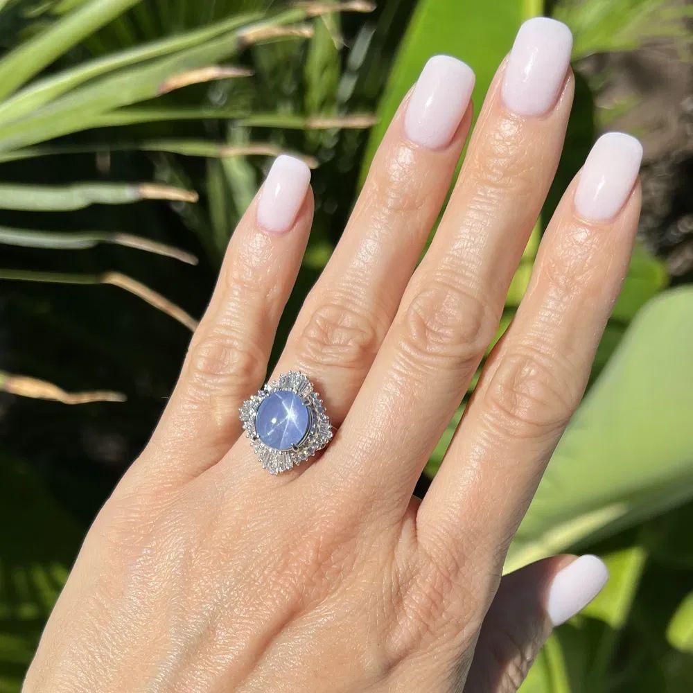5,02 Karat Blauer Stern Saphir und Diamant Platin Vintage Cocktail Ring (Modernistisch) im Angebot