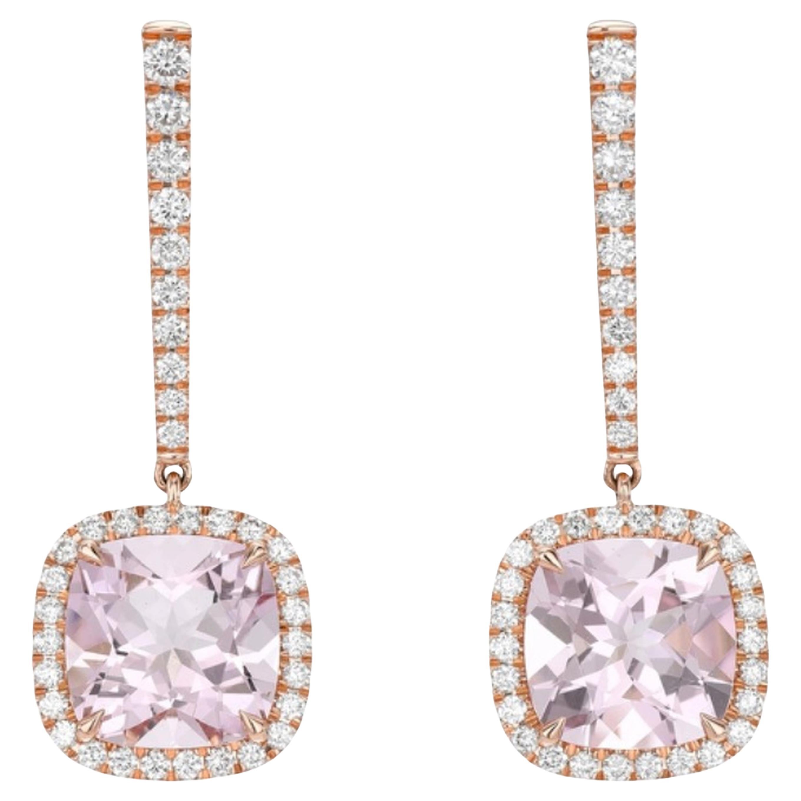 5.02 Carat Cushion Morganite Diamond Drop Earrings in 18K Rose Gold - Merkaba For Sale