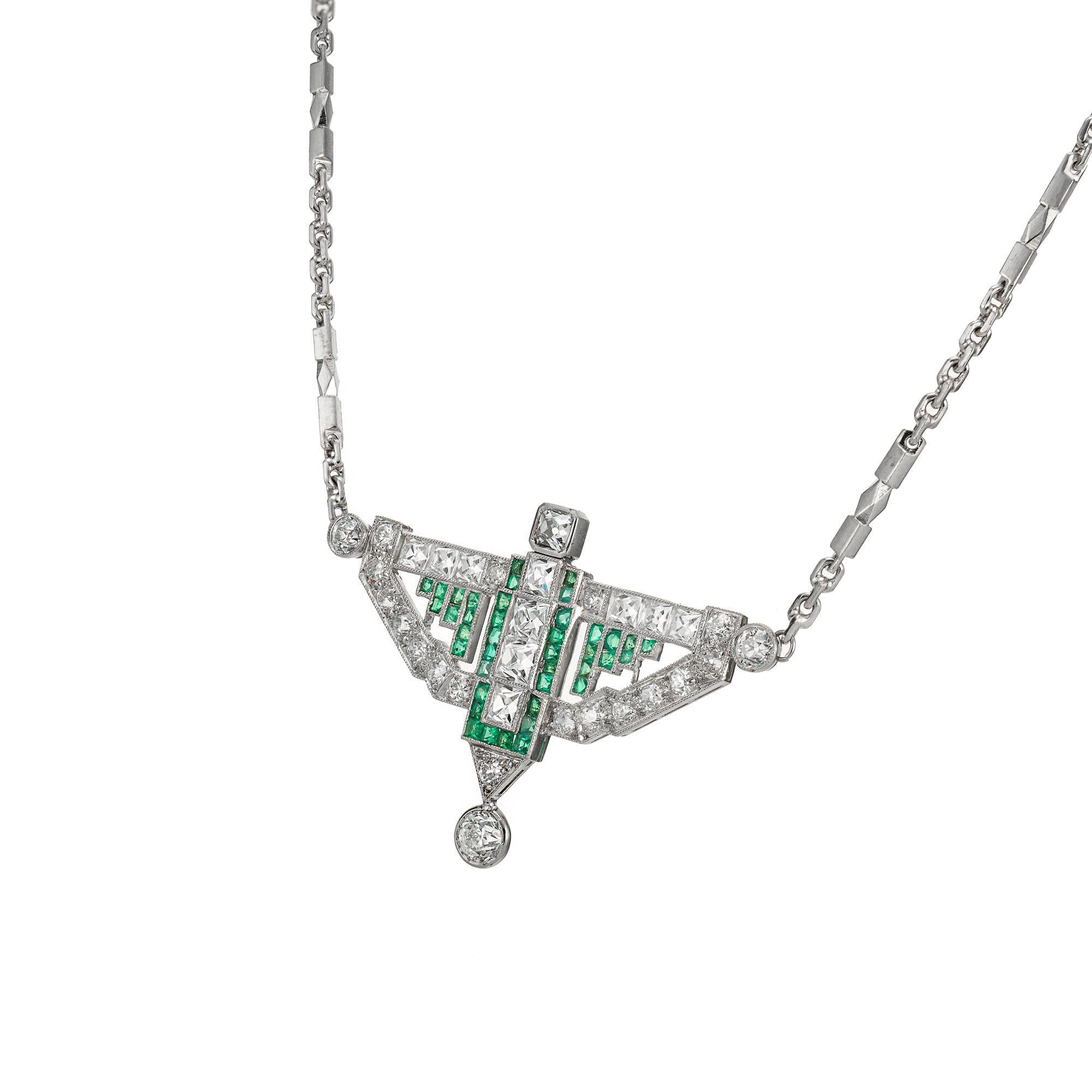 Art Deco 1915 handmade emerald and diamonds pendant necklace. Old Euro, Old Mine, Old square cut diamonds with square cut natural green emeralds set in a handmade platinum setting. 18 inches long with a later attached lobster claw. 

1 old European