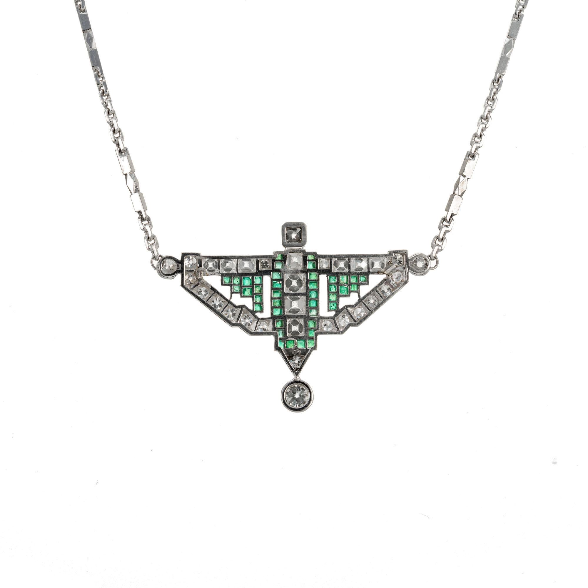 Old European Cut 5.02 Carat Diamond Emerald Art Deco Platinum Pendant Necklace For Sale