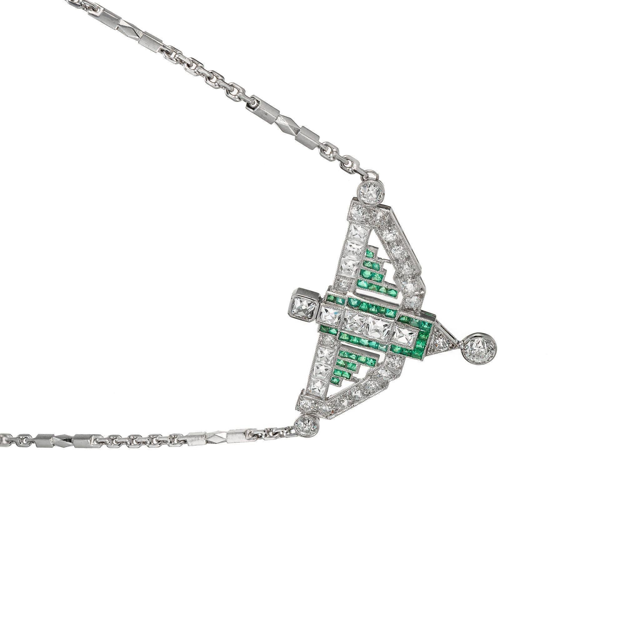 Women's 5.02 Carat Diamond Emerald Art Deco Platinum Pendant Necklace For Sale