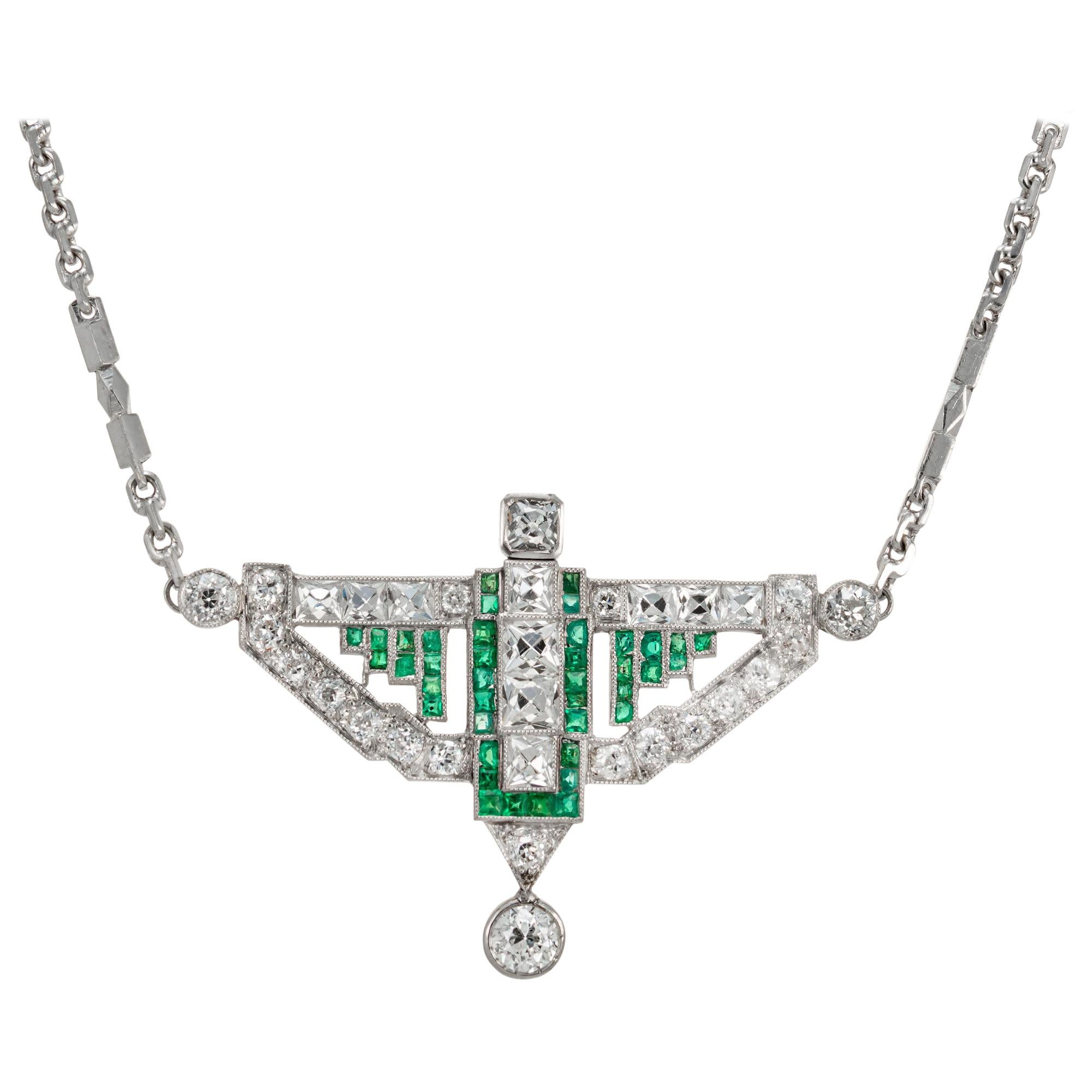 5.02 Carat Diamond Emerald Art Deco Platinum Pendant Necklace For Sale