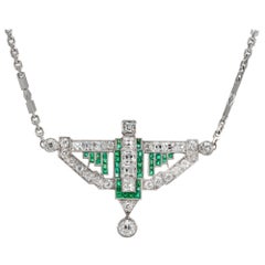 Antique 5.02 Carat Diamond Emerald Art Deco Platinum Pendant Necklace