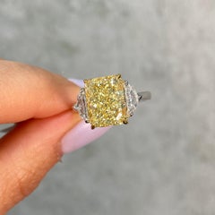 5.02 Carat Fancy Yellow Elongated Radiant Diamond Three Stone Engagement Ring