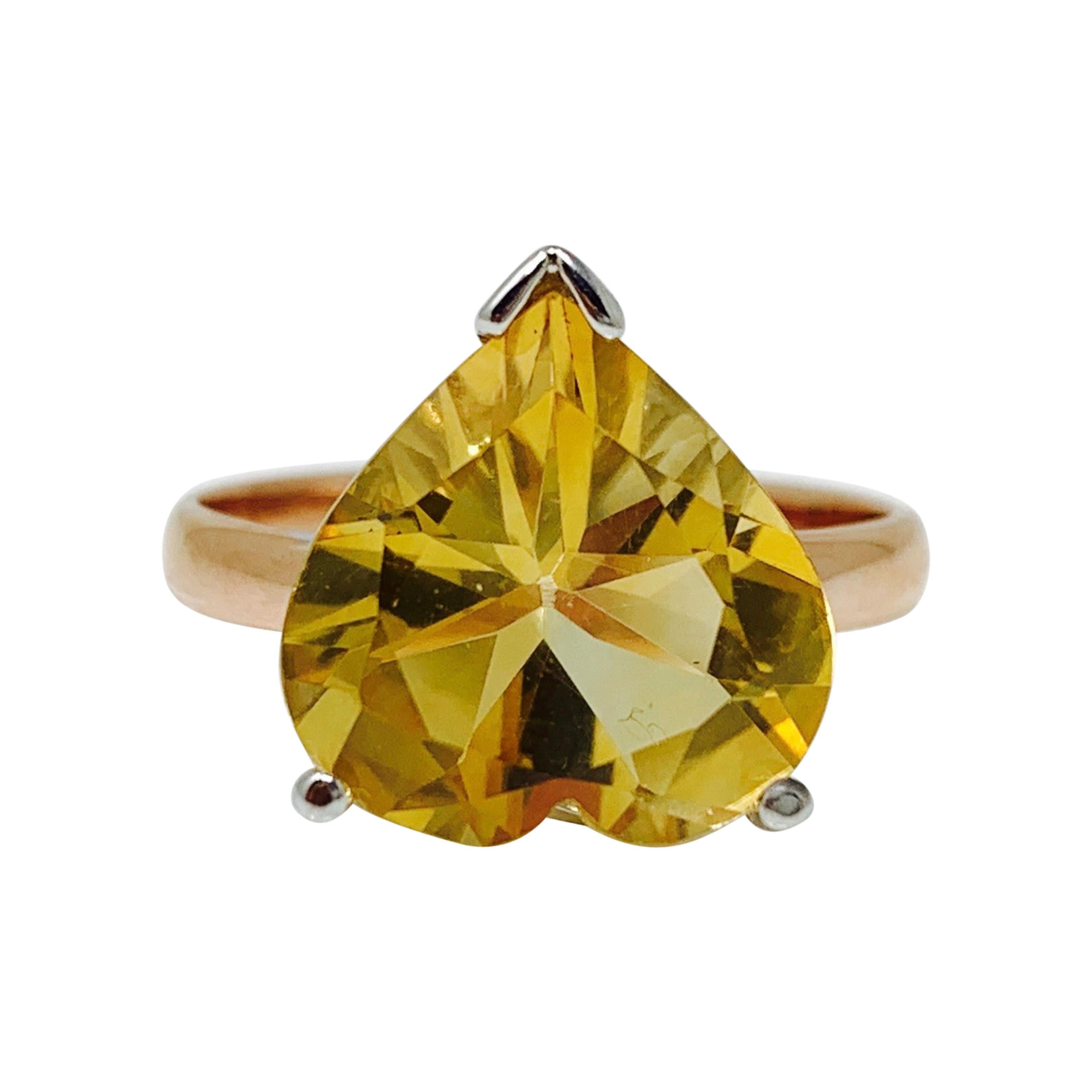 5.02 Carat Heart Shape Citrine Ring in Rose Gold and White Gold