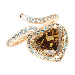 5.02 Carat Heart Shape Cognac Diamond and Blue Topaz Ring in 18 Karat Rose Gold