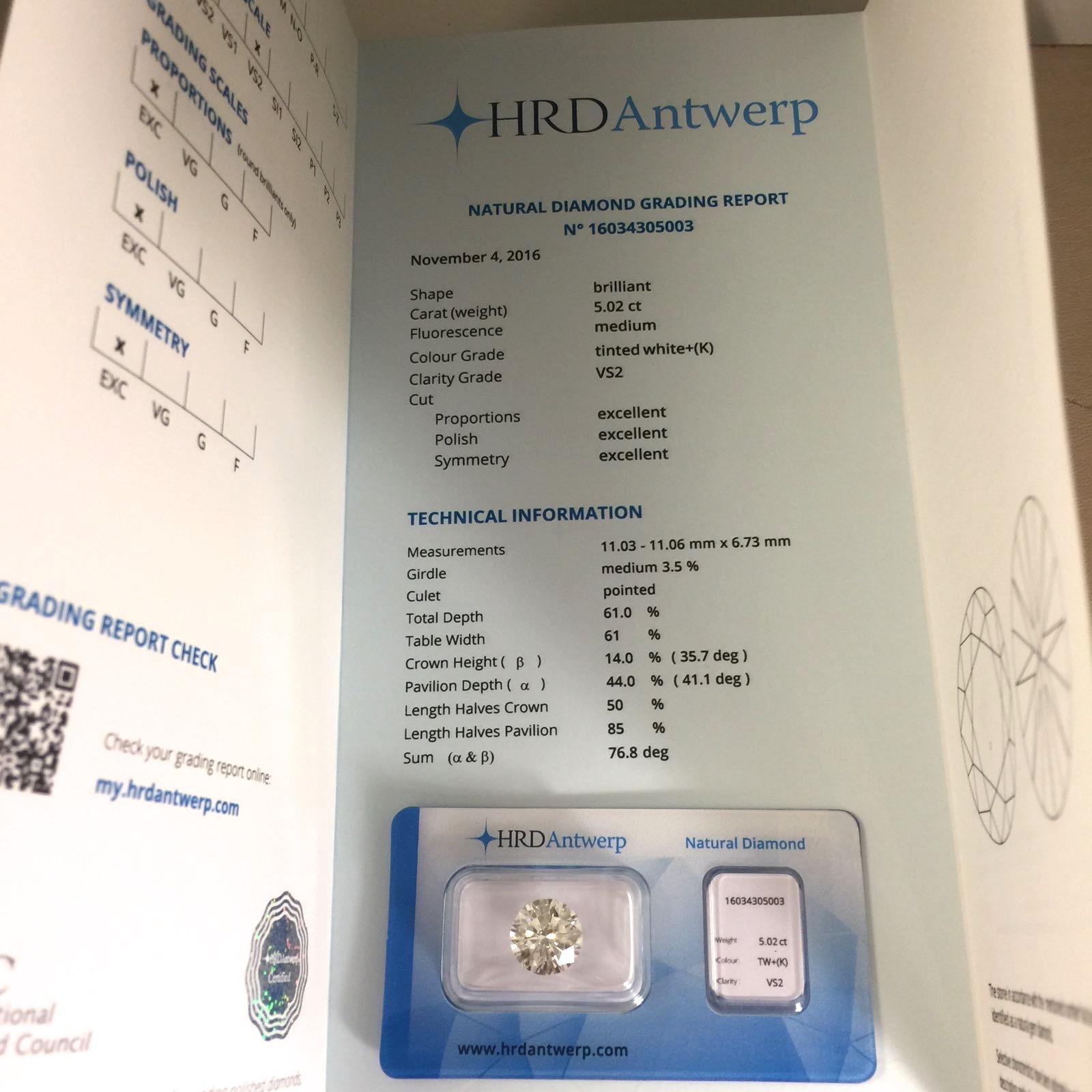 Round Cut 5.02 Carat HRD Certificate White Diamond For Sale