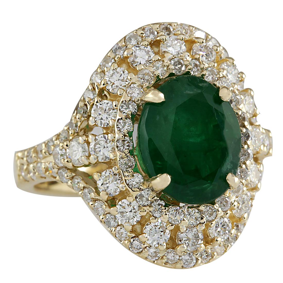 Stamped: 14K Yellow Gold
Total Ring Weight: 8.0 Grams
Total Natural Emerald Weight is 3.52 Carat (Measures: 10.00x8.00 mm)
Color: Green
Total Natural Diamond Weight is 1.50 Carat
Color: F-G, Clarity: VS2-SI1
Face Measures: 20.00x18.20 mm
Sku: