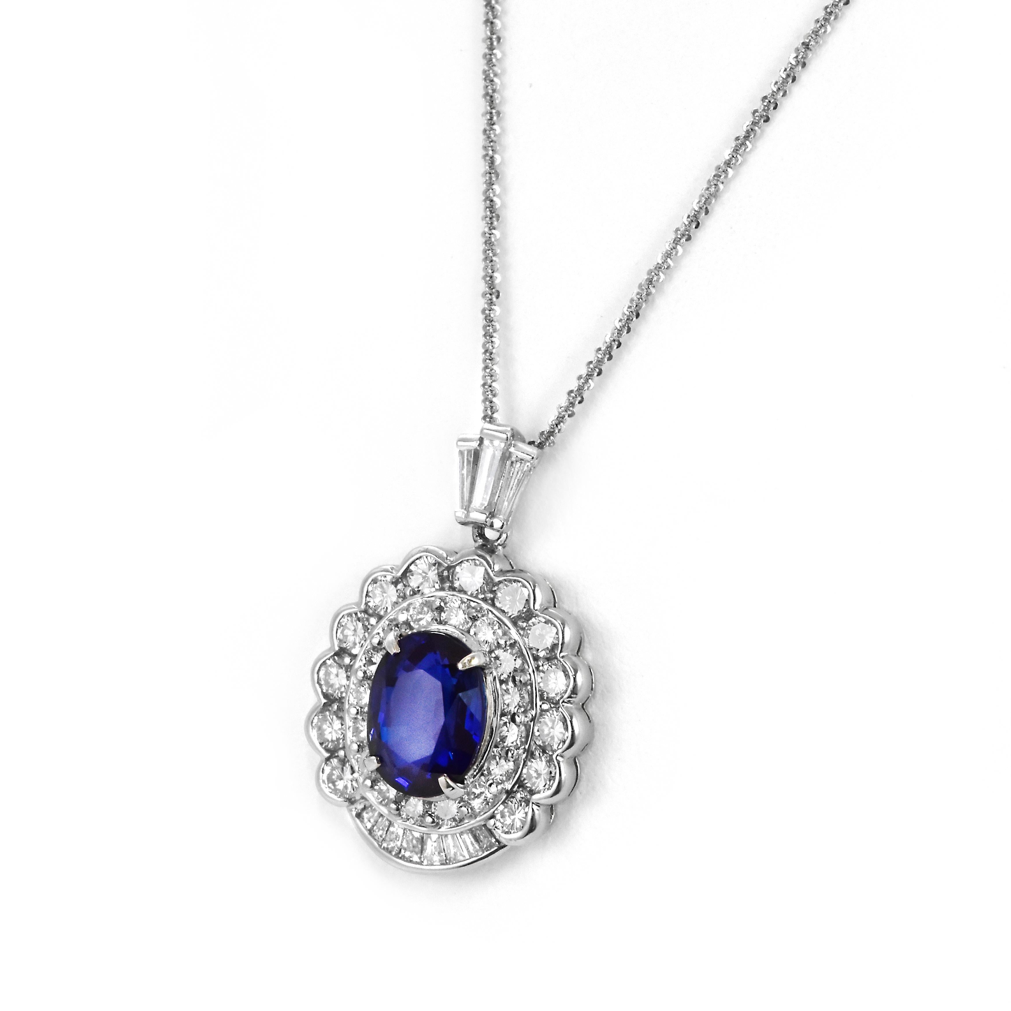 A beautiful pendant featuring a 5.02 Carat Natural Royal Blue, Sapphire and 2.68 Carat Diamond Accents set in Platinum. Sapphires have extraordinary durability - they excel in hardness as well as toughness and durability making them very popular in