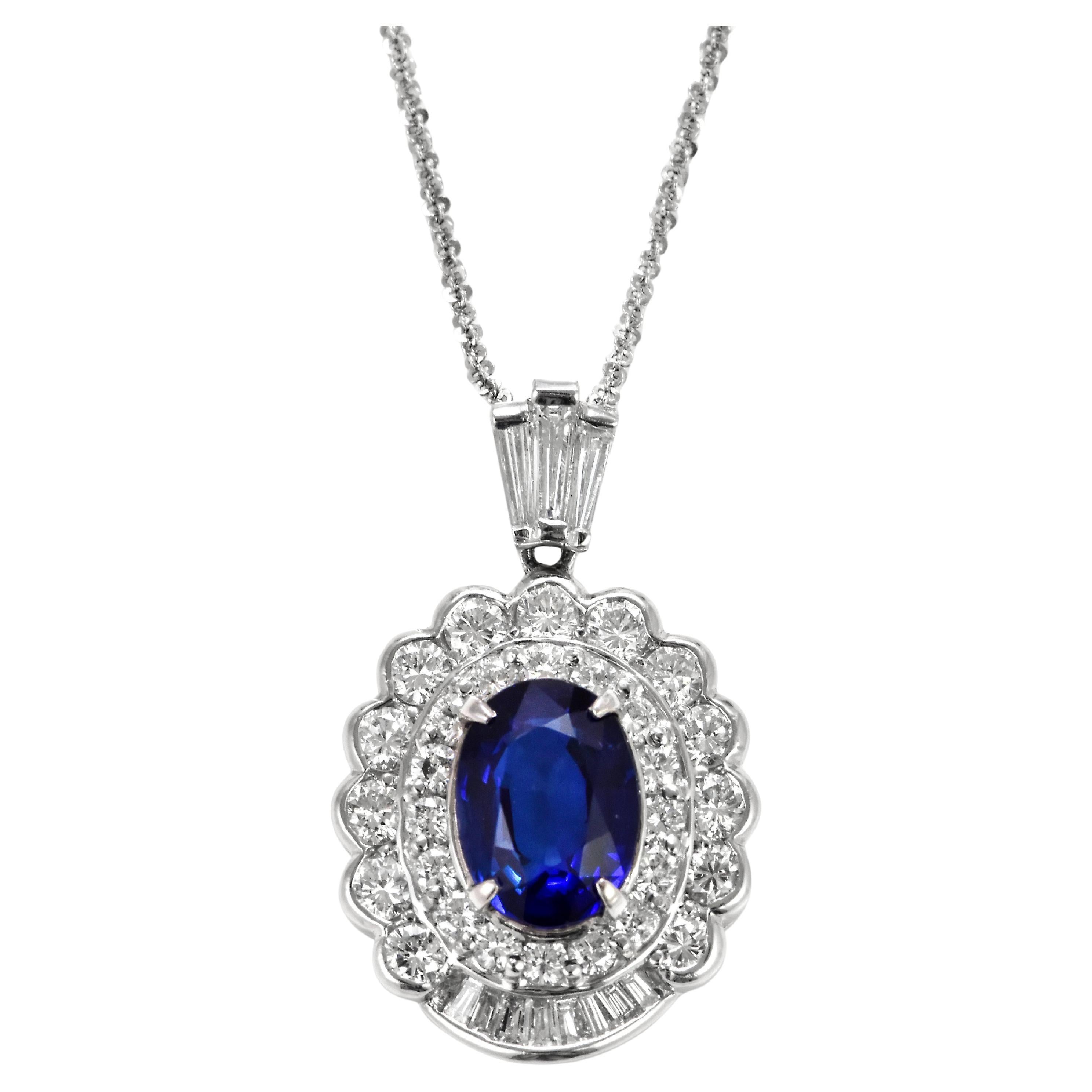 5.02 Carat Natural Royal Blue Sapphire and Diamond Pendant Made in Platinum