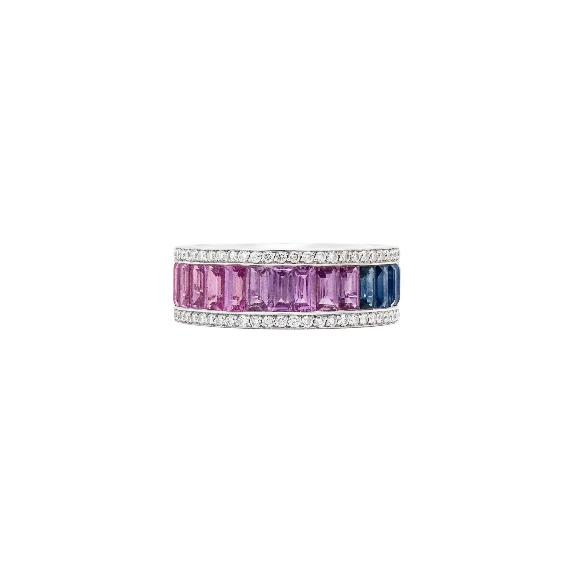 Introducing a mesmerizing rainbow ring, a stunning testament to the beauty of colored gemstones. Crafted with meticulous attention to detail, this ring features a dazzling array of different colored sapphire baguettes, arranged in a vibrant spectrum